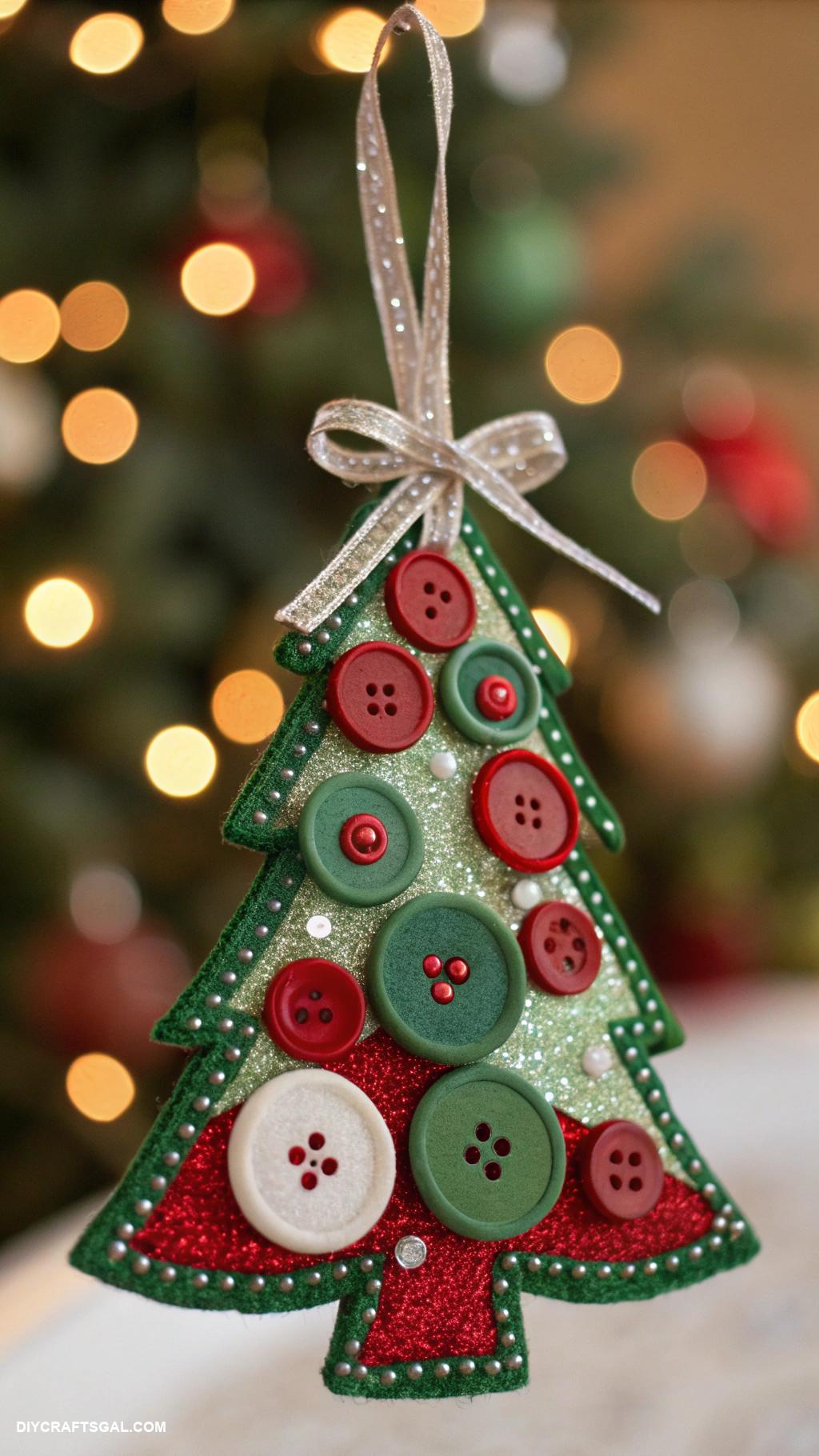 handmade christmas ornaments Button covered tree shape with ribbon hanger