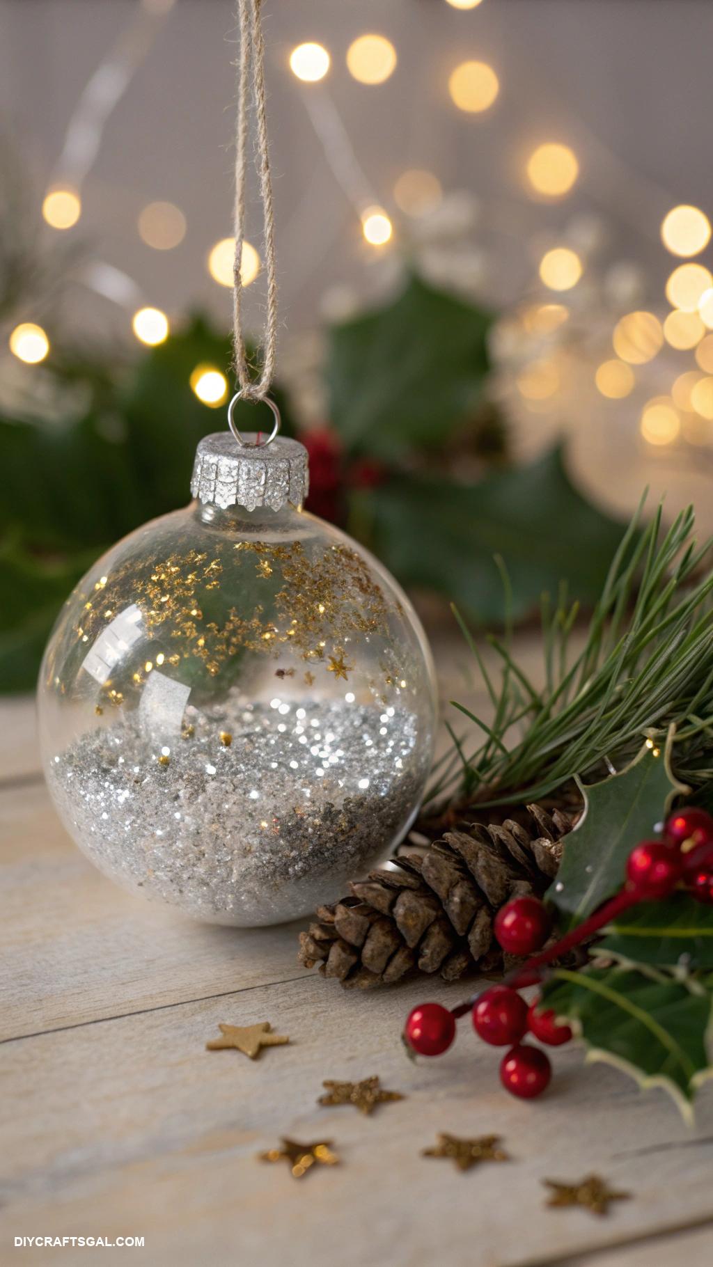 handmade christmas ornaments Clear bulb filled with glitter and pine