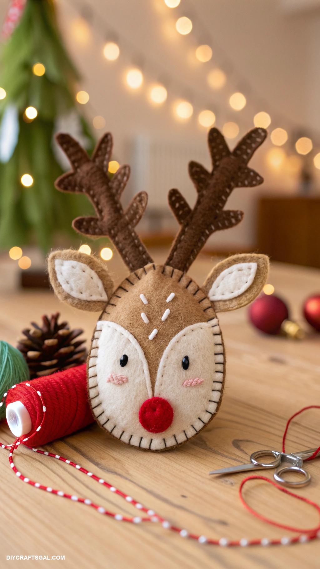 handmade christmas ornaments Felt reindeer head with jingle bell nose