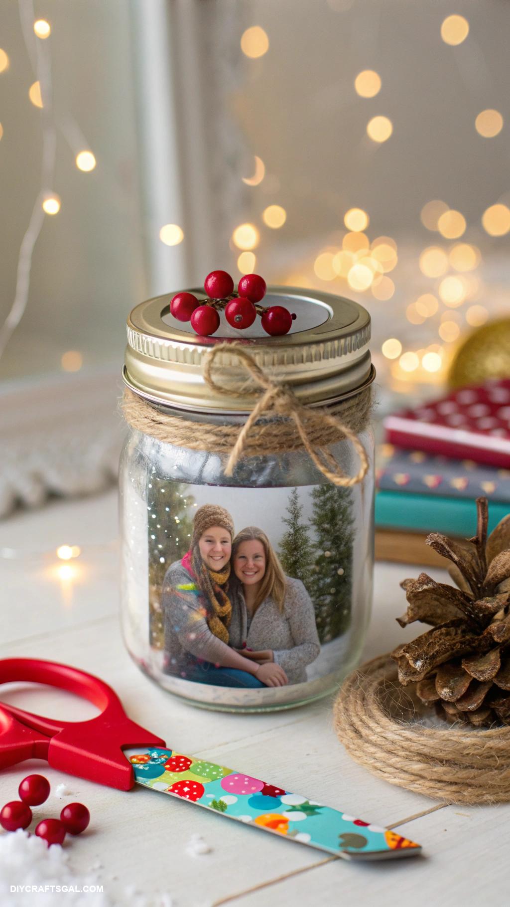 handmade christmas ornaments Mason jar lid with family photo inside