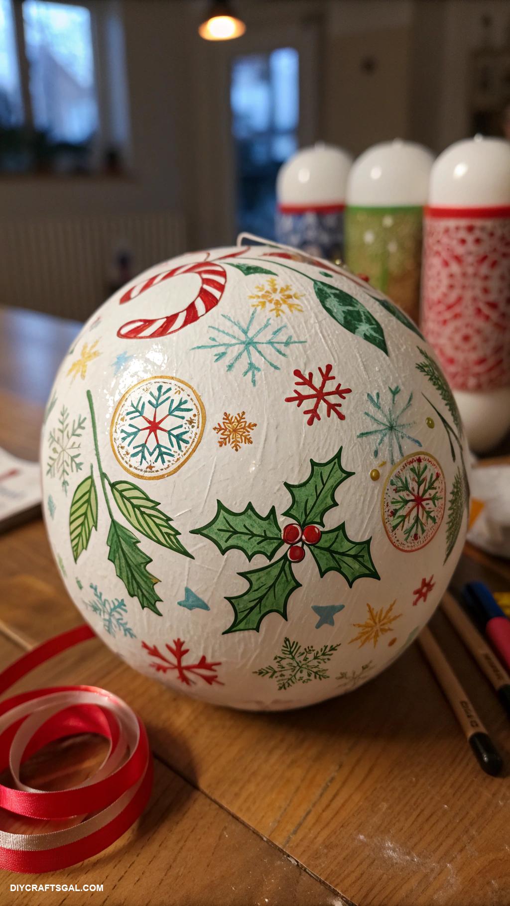 handmade christmas ornaments Paper mache globe with holiday patterns