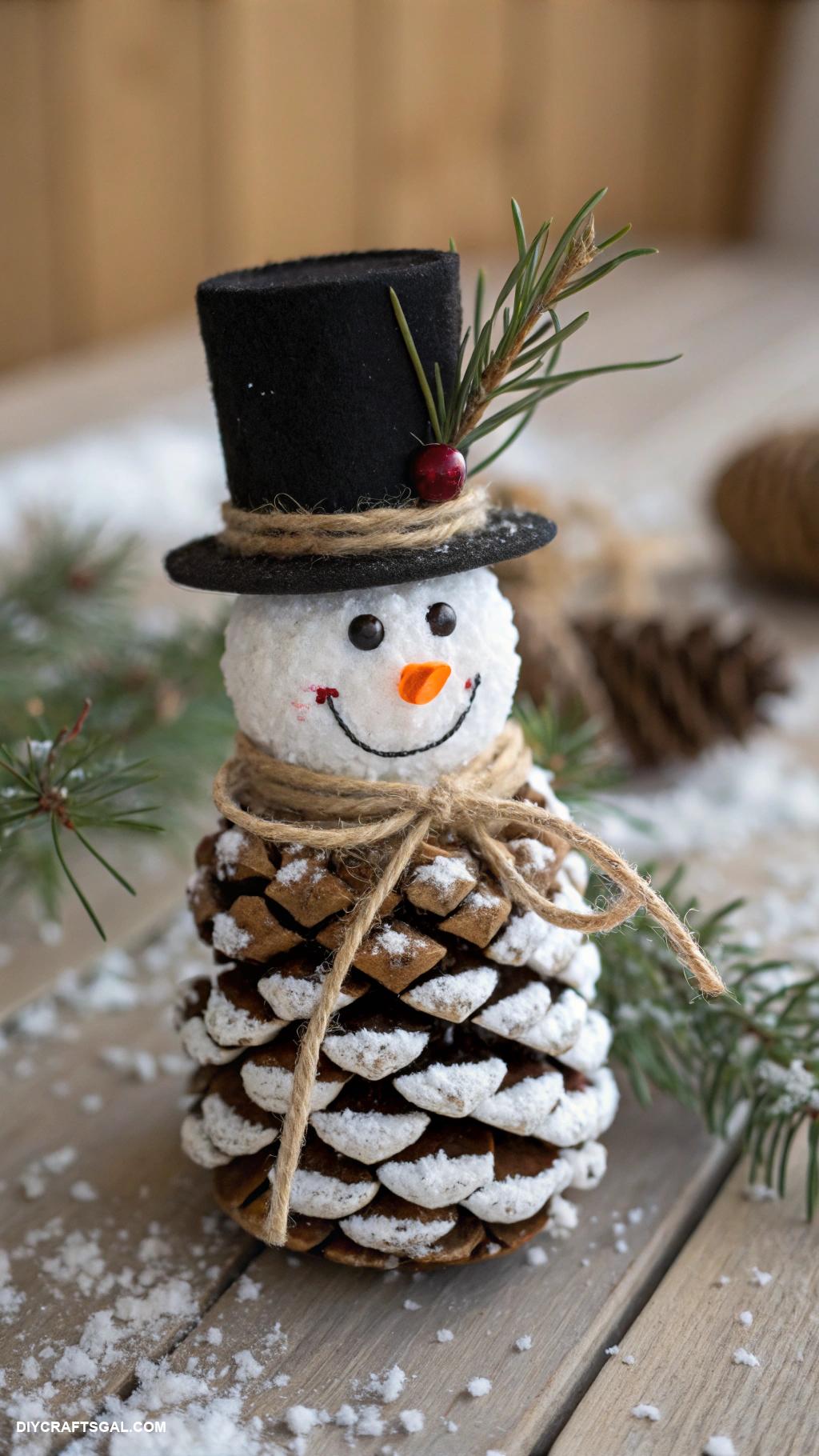 handmade christmas ornaments Pinecone snowman ornament with twine scarf