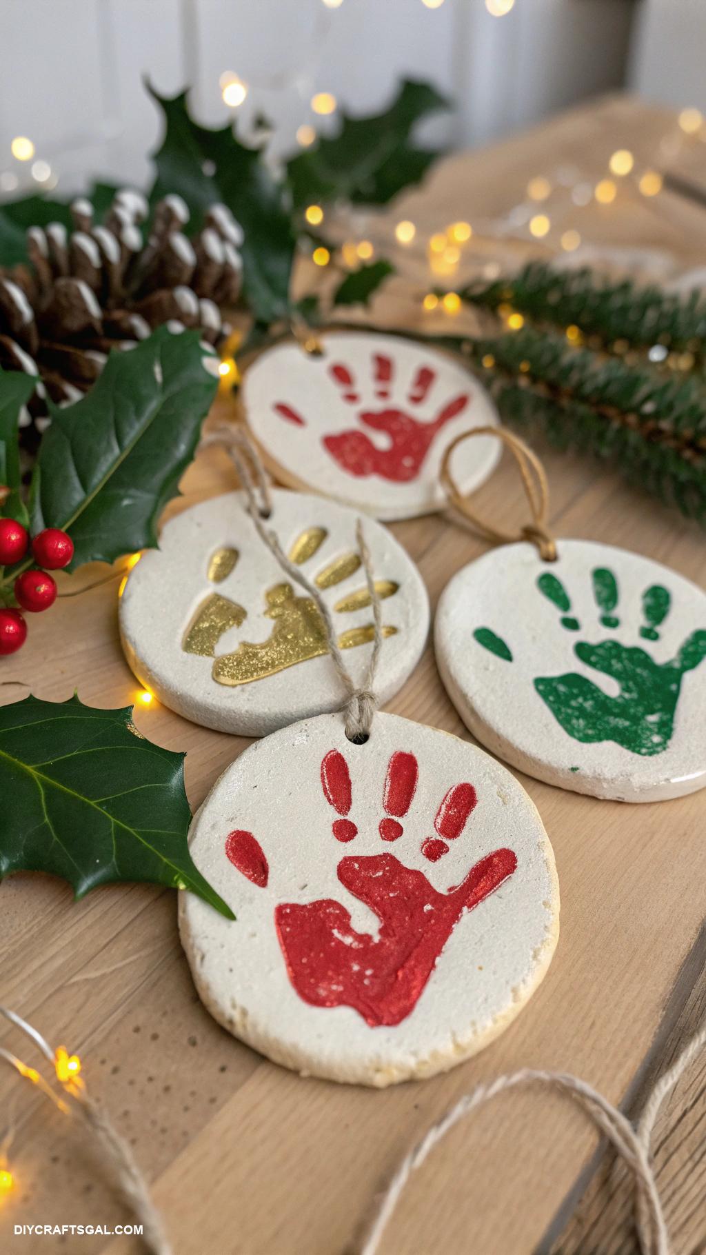 handmade christmas ornaments Salt dough handprint with festive paint