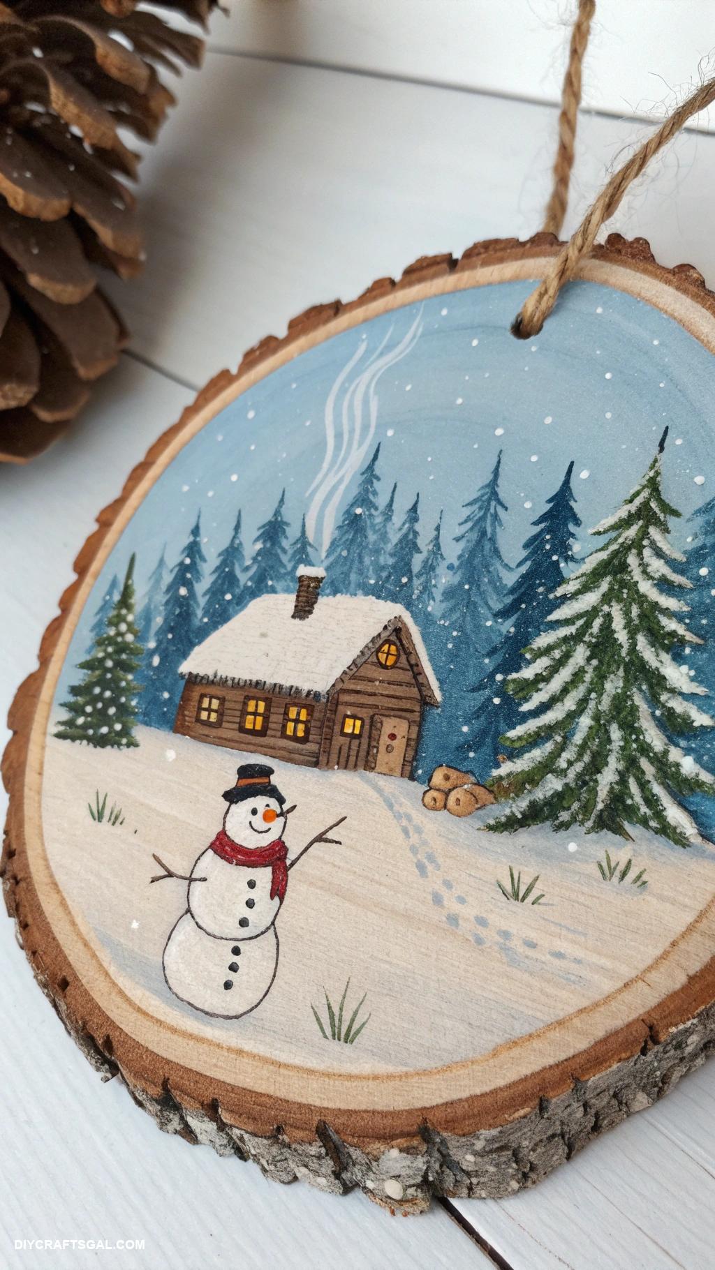 handmade christmas ornaments Wood slice decorated with winter scene