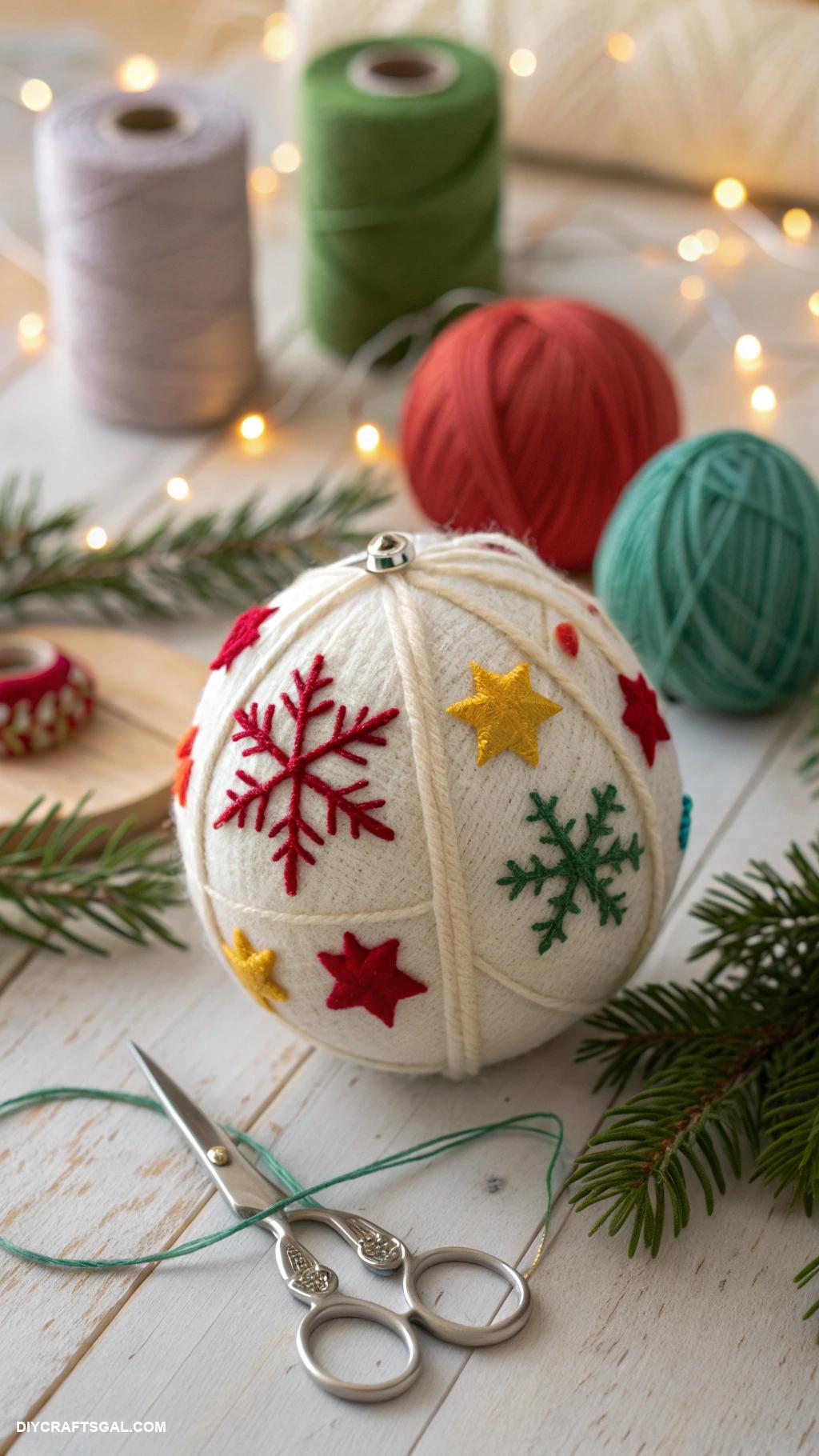 handmade christmas ornaments Yarn wrapped bauble with felt embellishments
