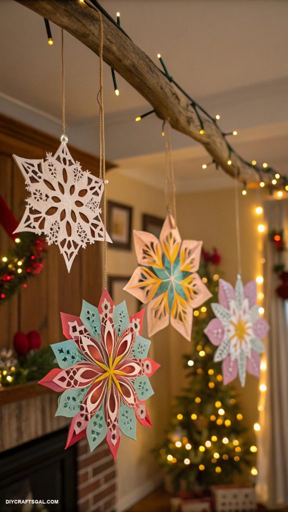 homemade christmas ornaments Paper snowflakes with colorful designs