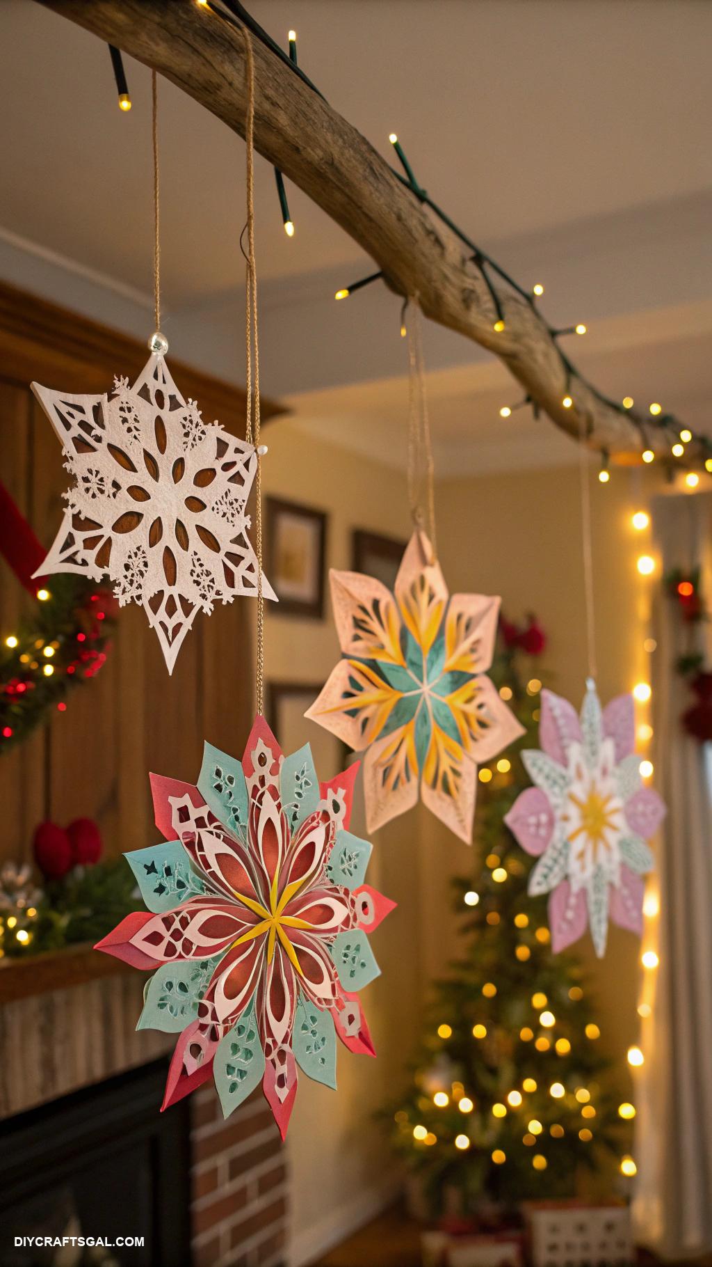 homemade christmas ornaments Paper snowflakes with colorful designs