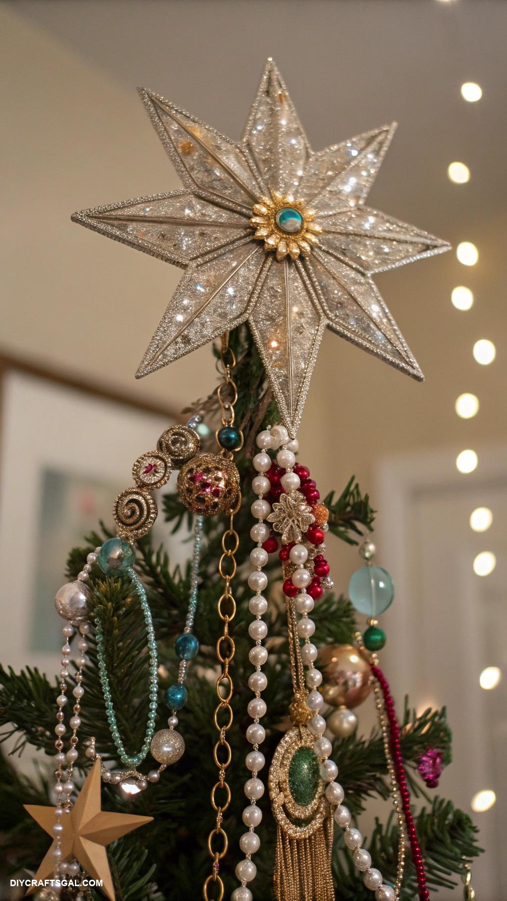tree topper ideas Repurposed jewelry wreath for sparkle