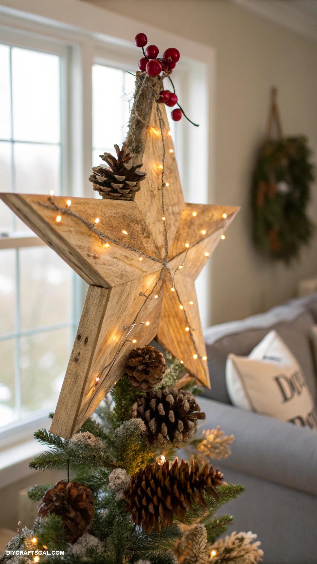 tree topper ideas Rustic wooden star with twinkling lights