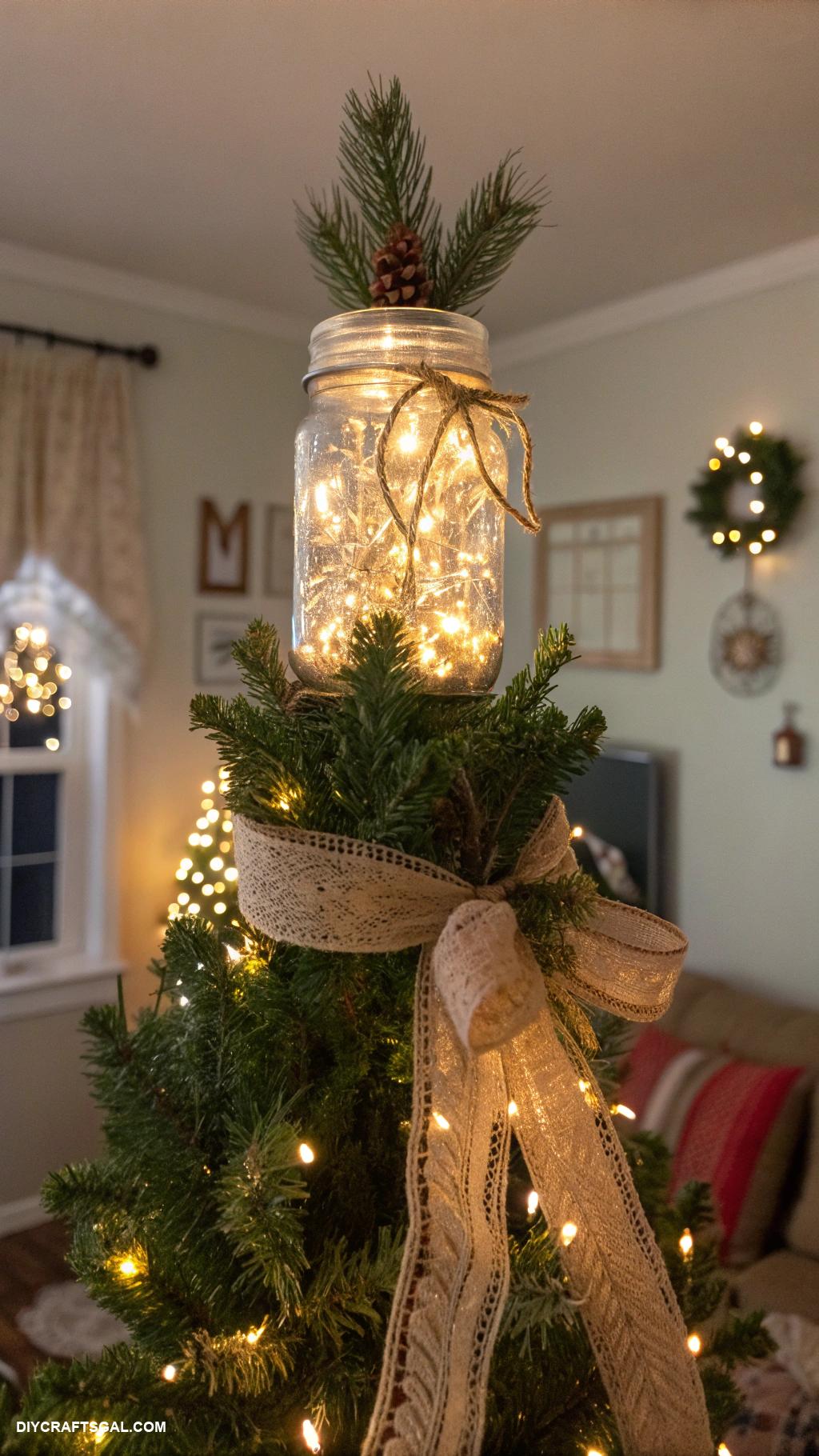tree topper ideas Upcycled mason jar filled with fairy lights