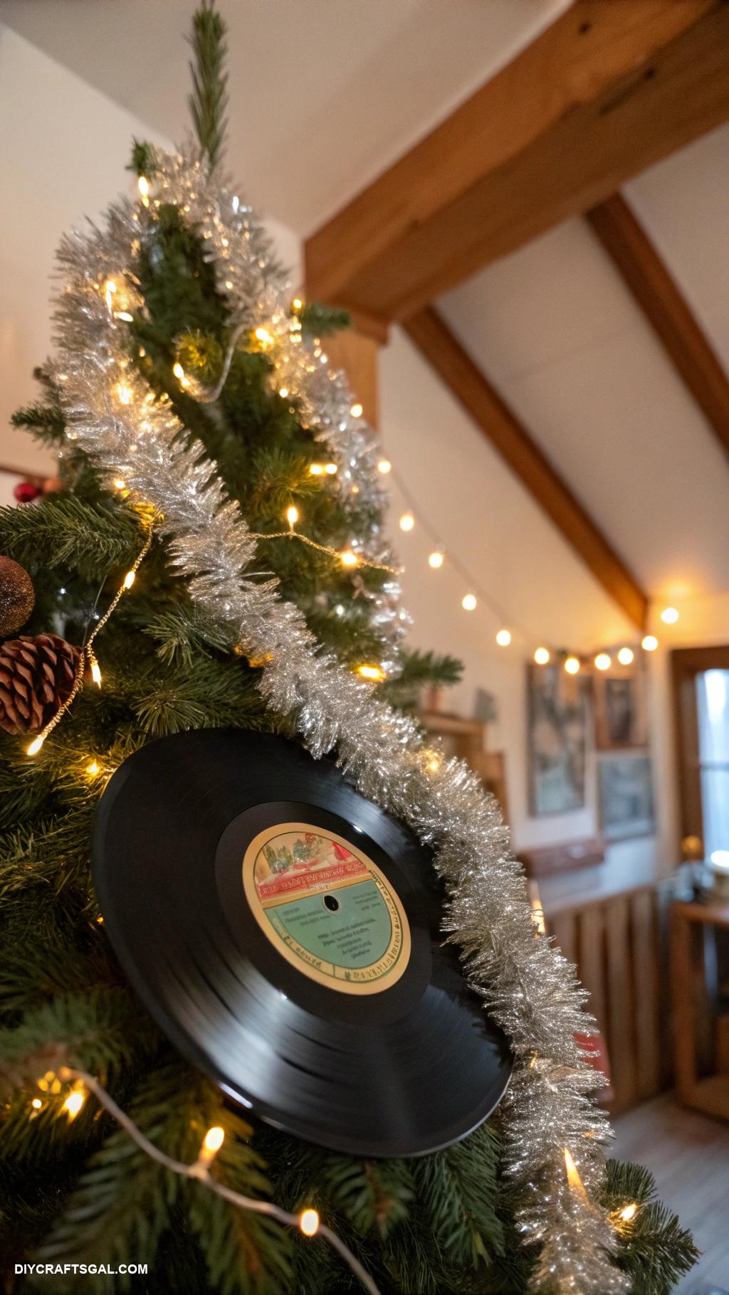 tree topper ideas Vintage vinyl record adorned with tinsel