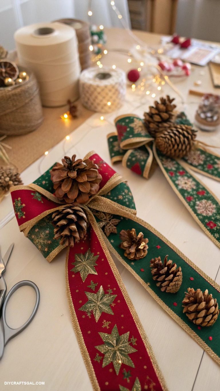 christmas bow crafts Pinecone decorated ribbon bows