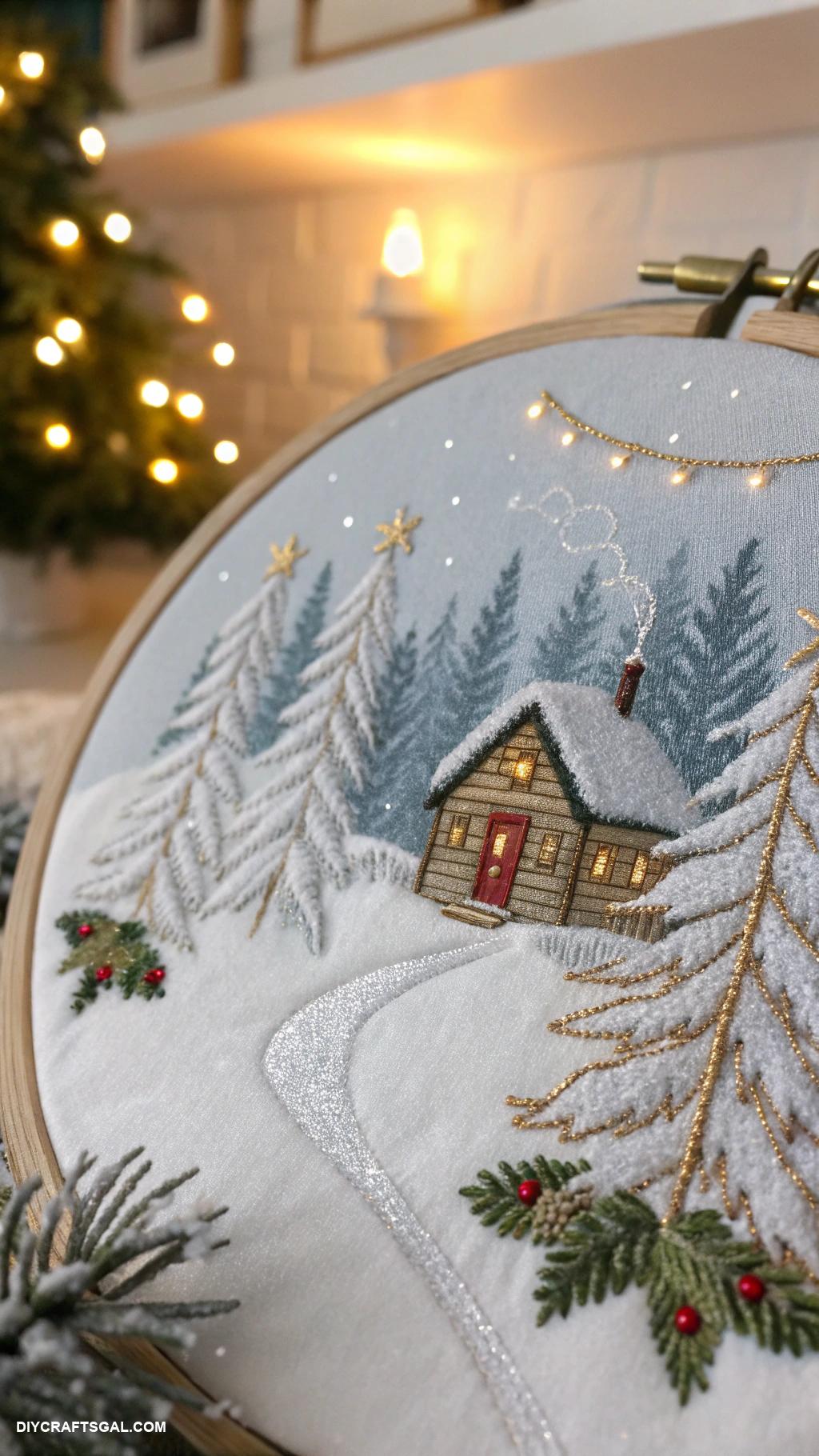 christmas embroidery crafts Winter scenery on canvas