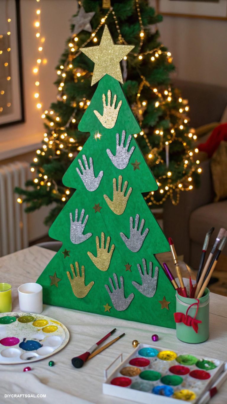 christmas handprint crafts Handprint Christmas tree with glittery stars
