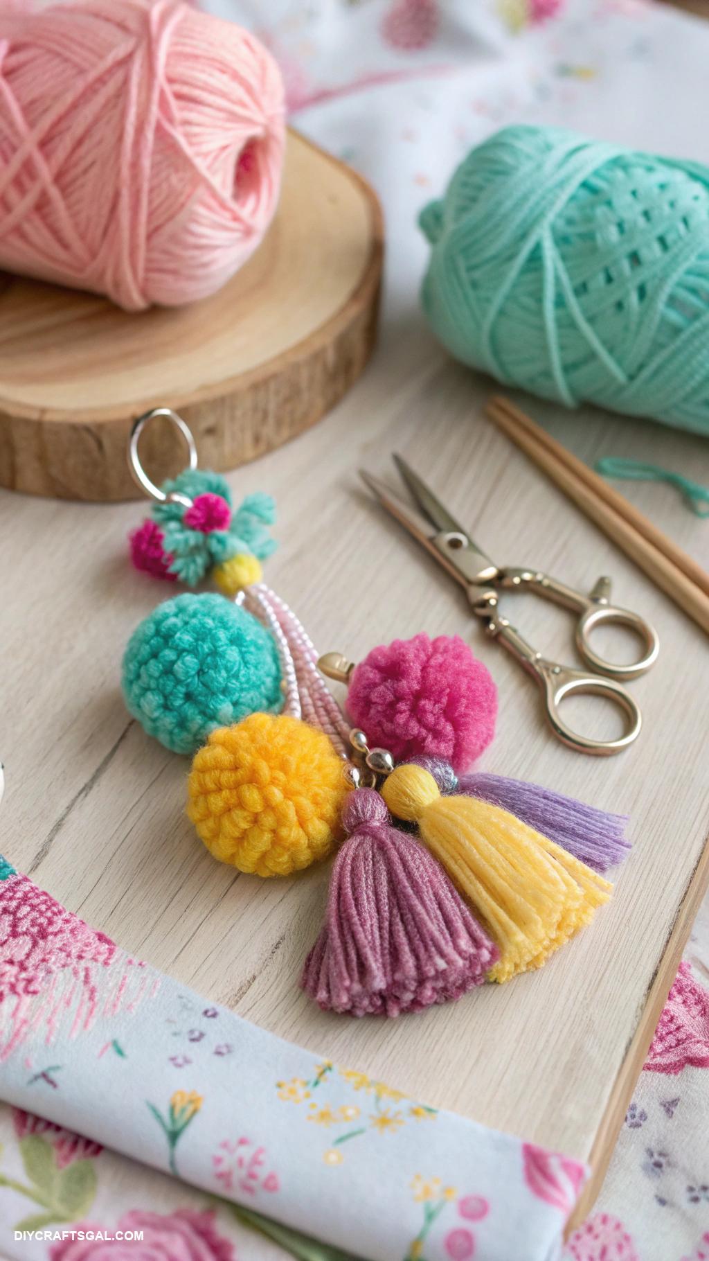 crochet accessories Colorful keychain with crochet pom poms
