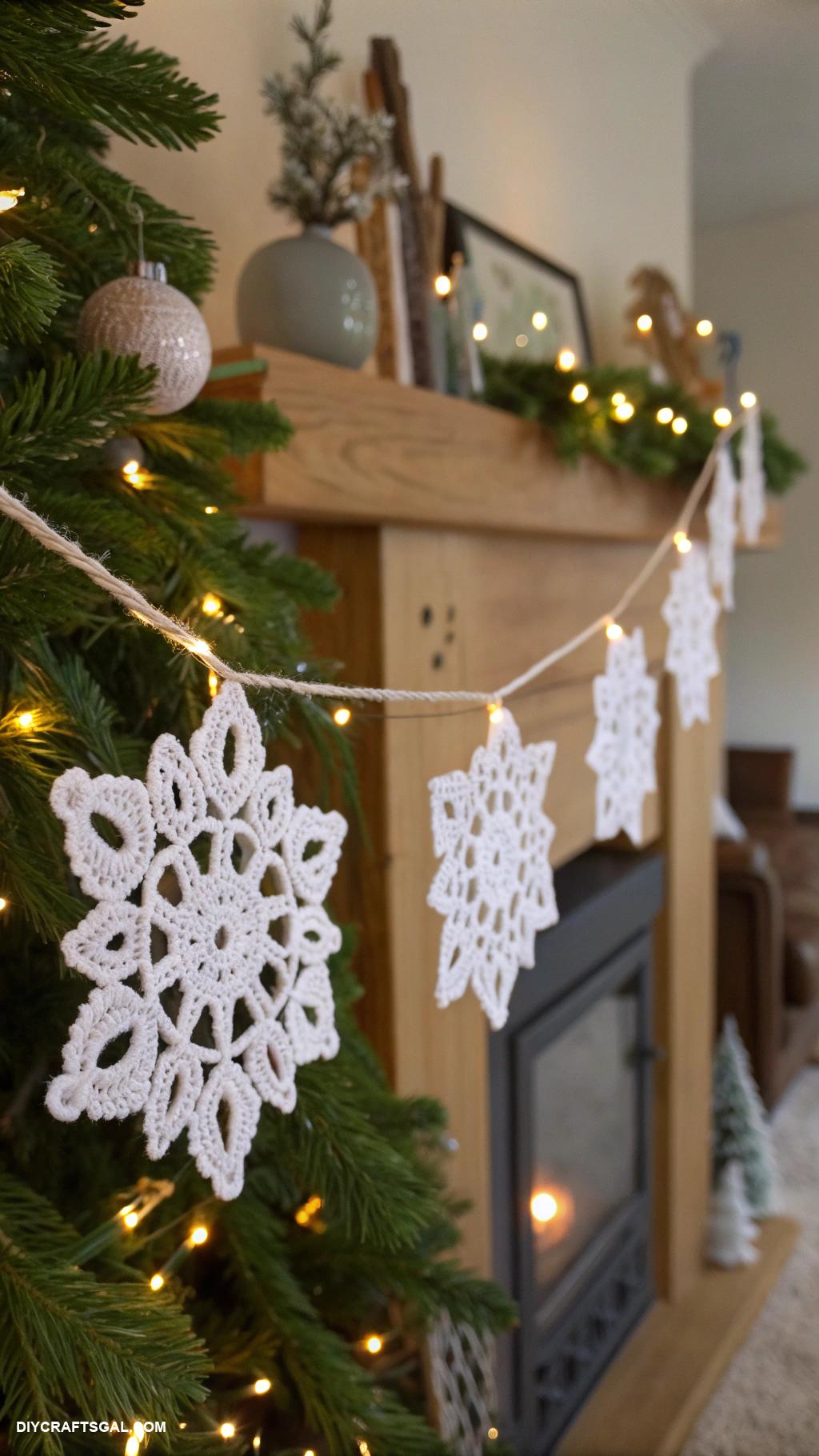 crochet christmas garlands Snowflake motifs with twinkling lights