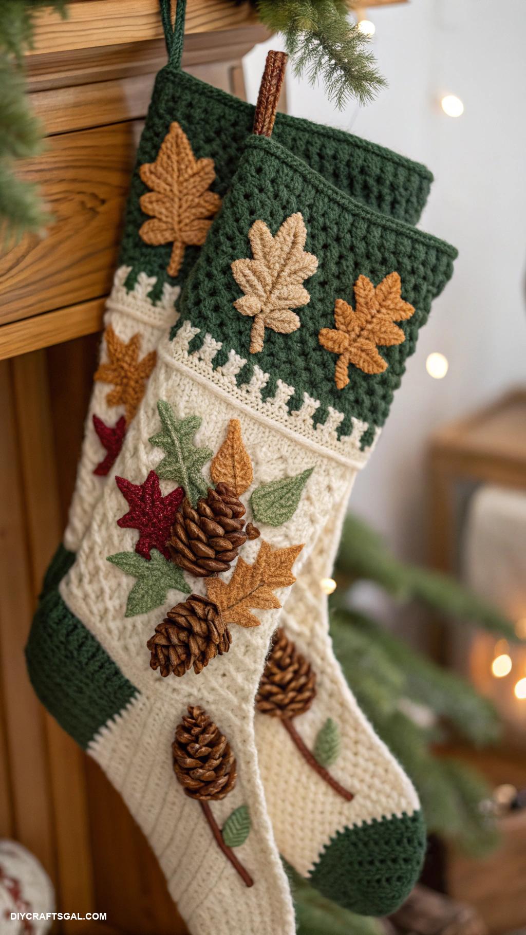 crochet christmas stockings Nature themed with pinecones and leaves