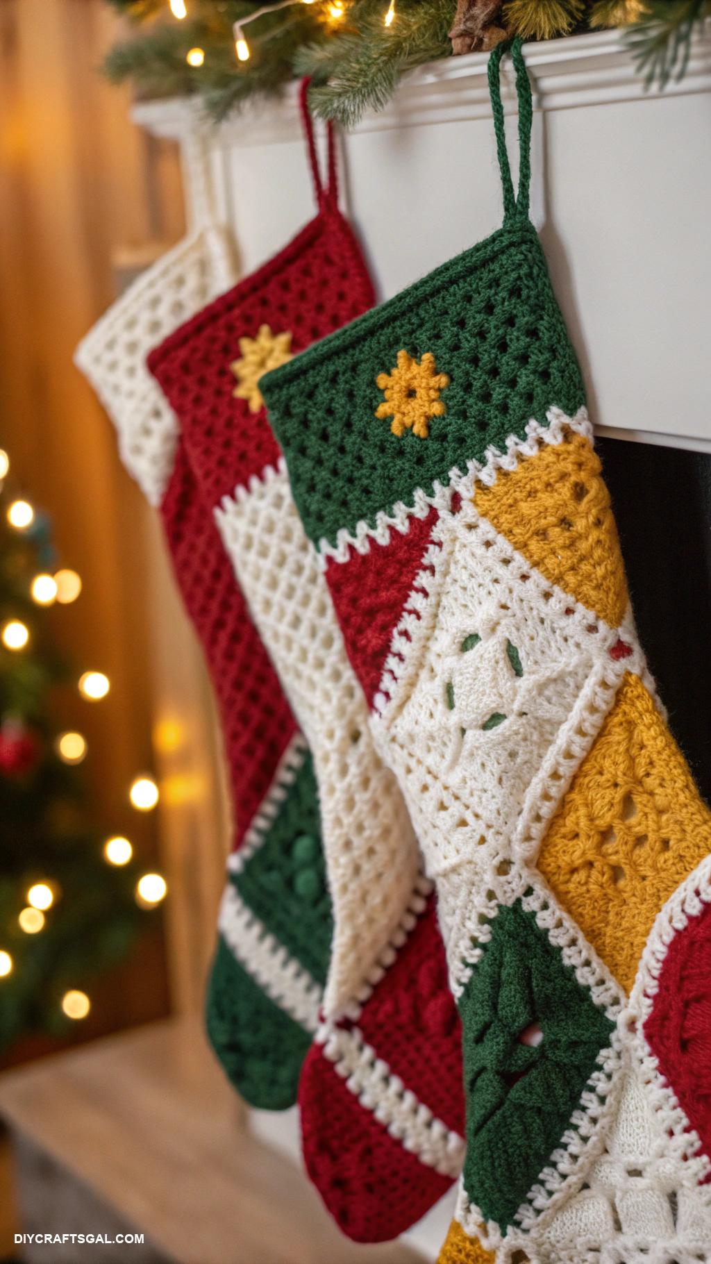crochet christmas stockings Patchwork squares in vibrant holiday colors