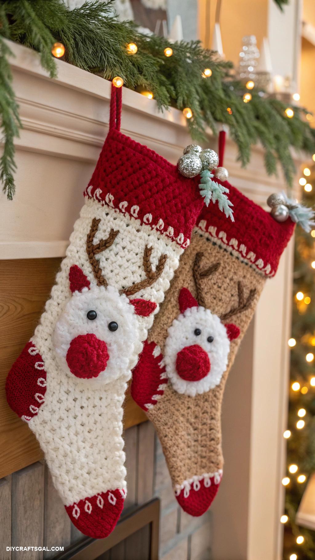 crochet christmas stockings Reindeer motif with pom pom nose