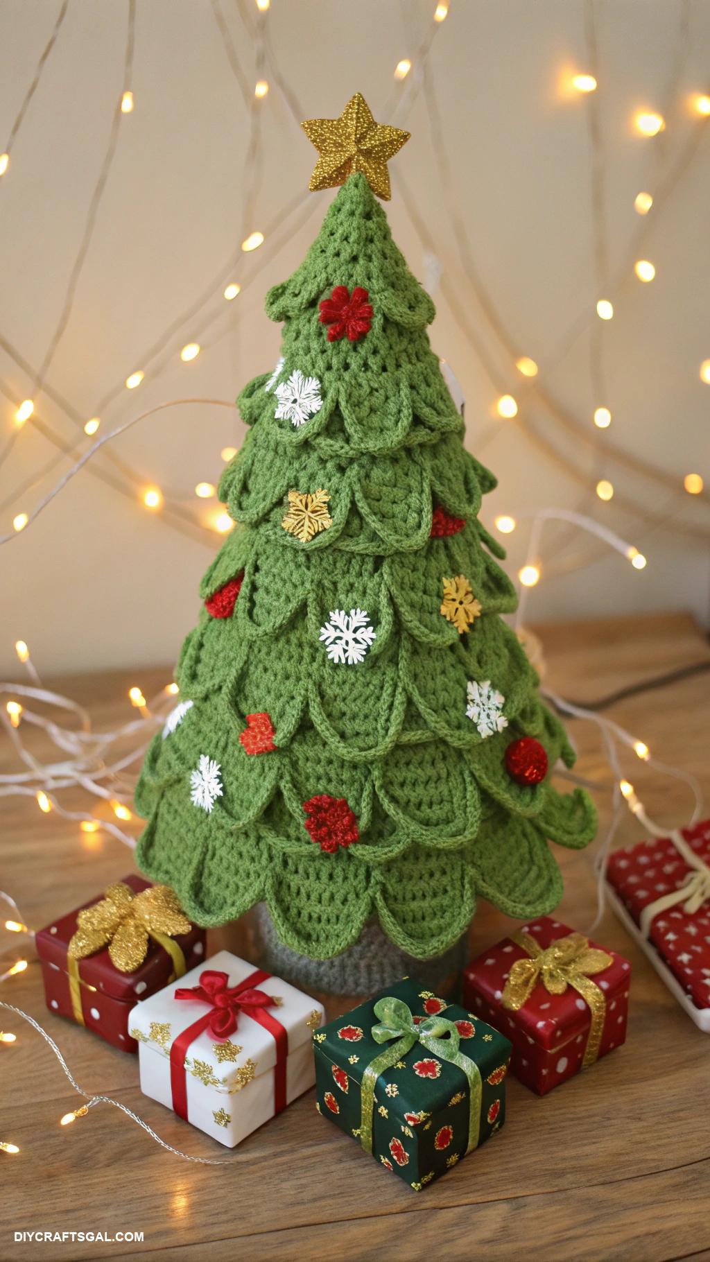 crochet christmas trees Gift wrapped tree with faux ribbon gifts