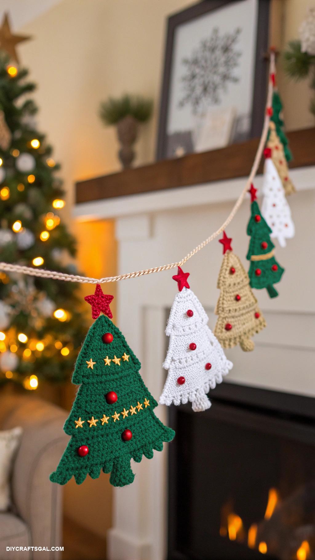 crochet christmas trees Hanging tree garland with festive charms