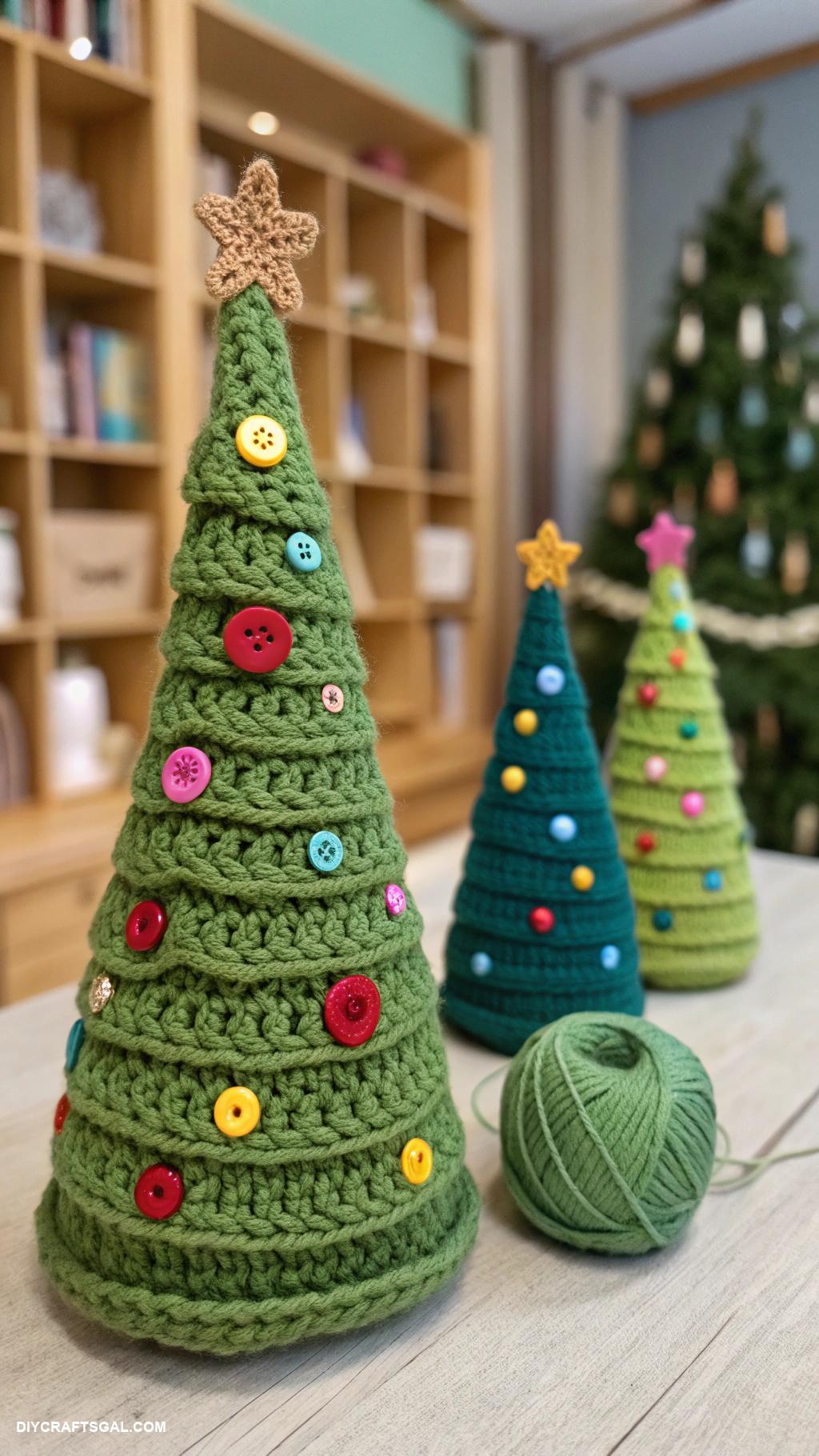 crochet christmas trees Miniature trees with colorful button ornaments