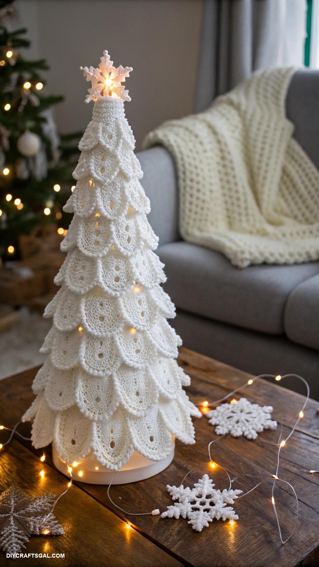 crochet christmas trees Snowy white tree with delicate lace accents