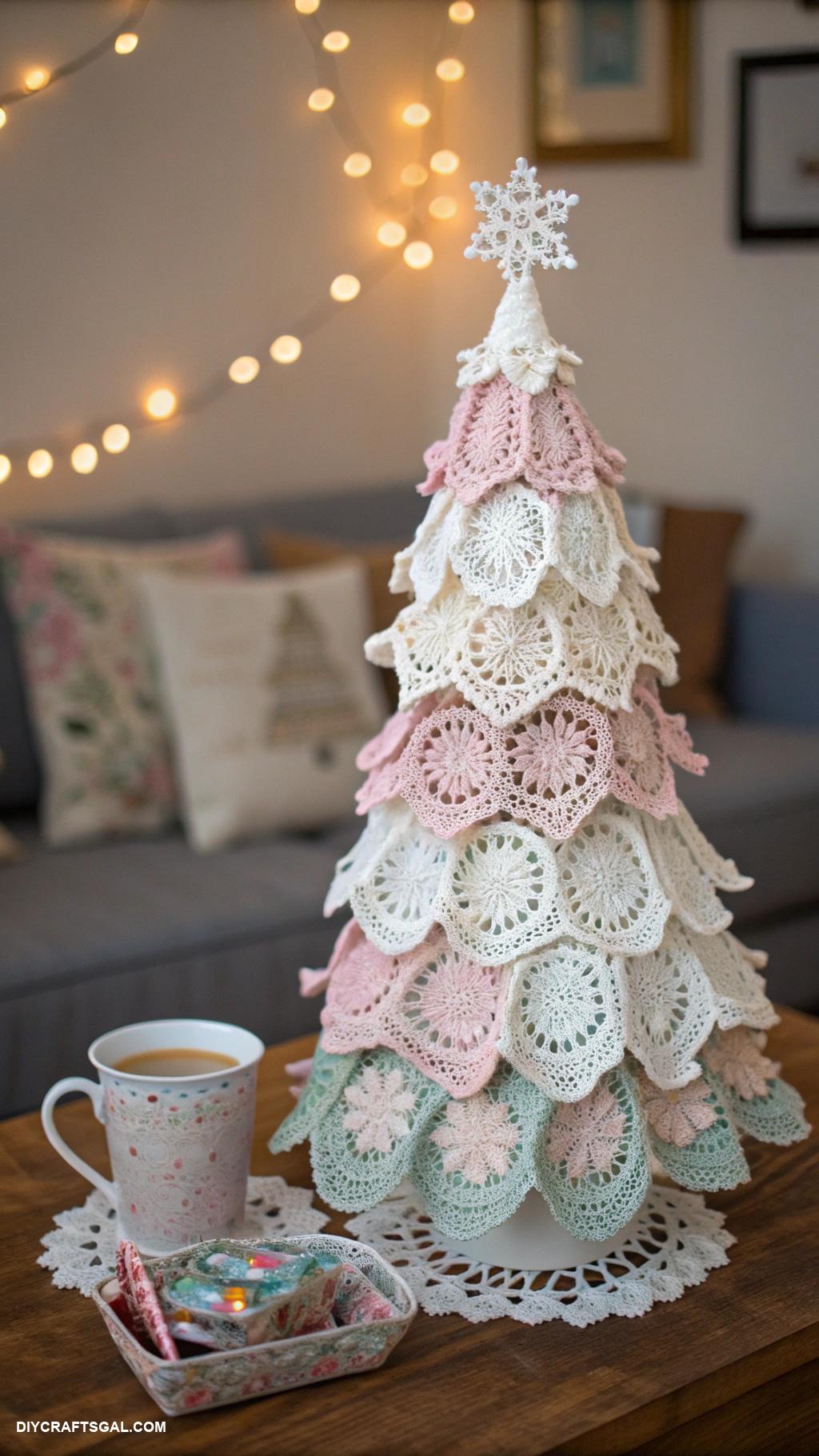 crochet christmas trees Vintage inspired tree with antique lace doilies