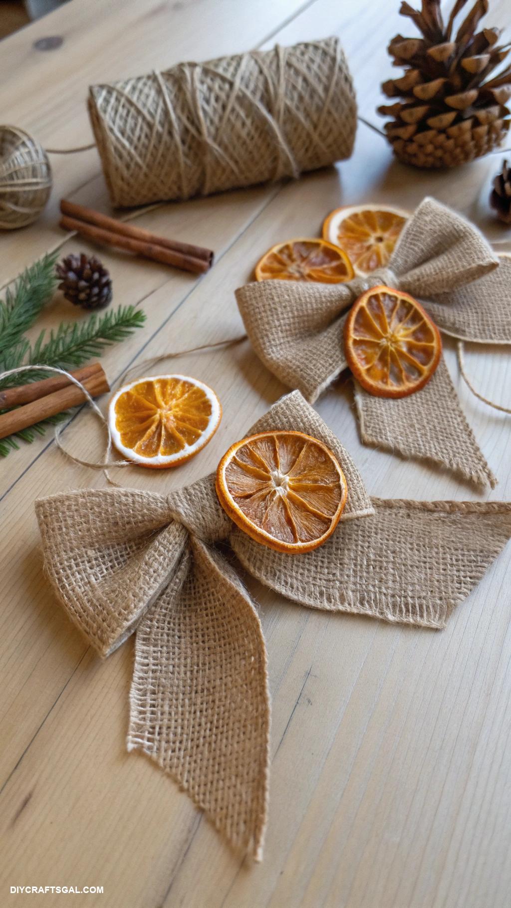 diy christmas bows Burlap ribbon with dried oranges
