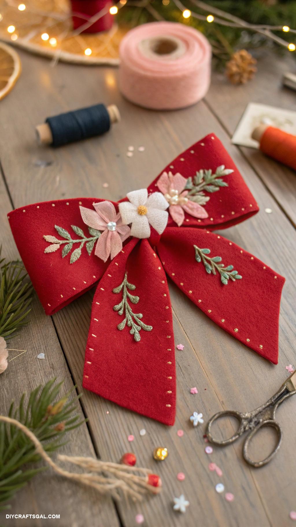 diy christmas bows Felt bow with floral embellishments
