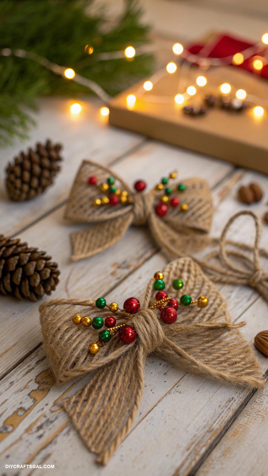 diy christmas bows Jute cord with colorful beads