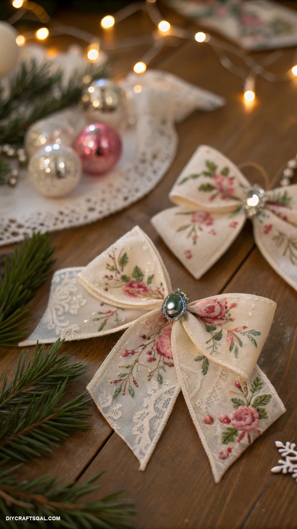 diy christmas bows Lace ribbon with vintage ornaments