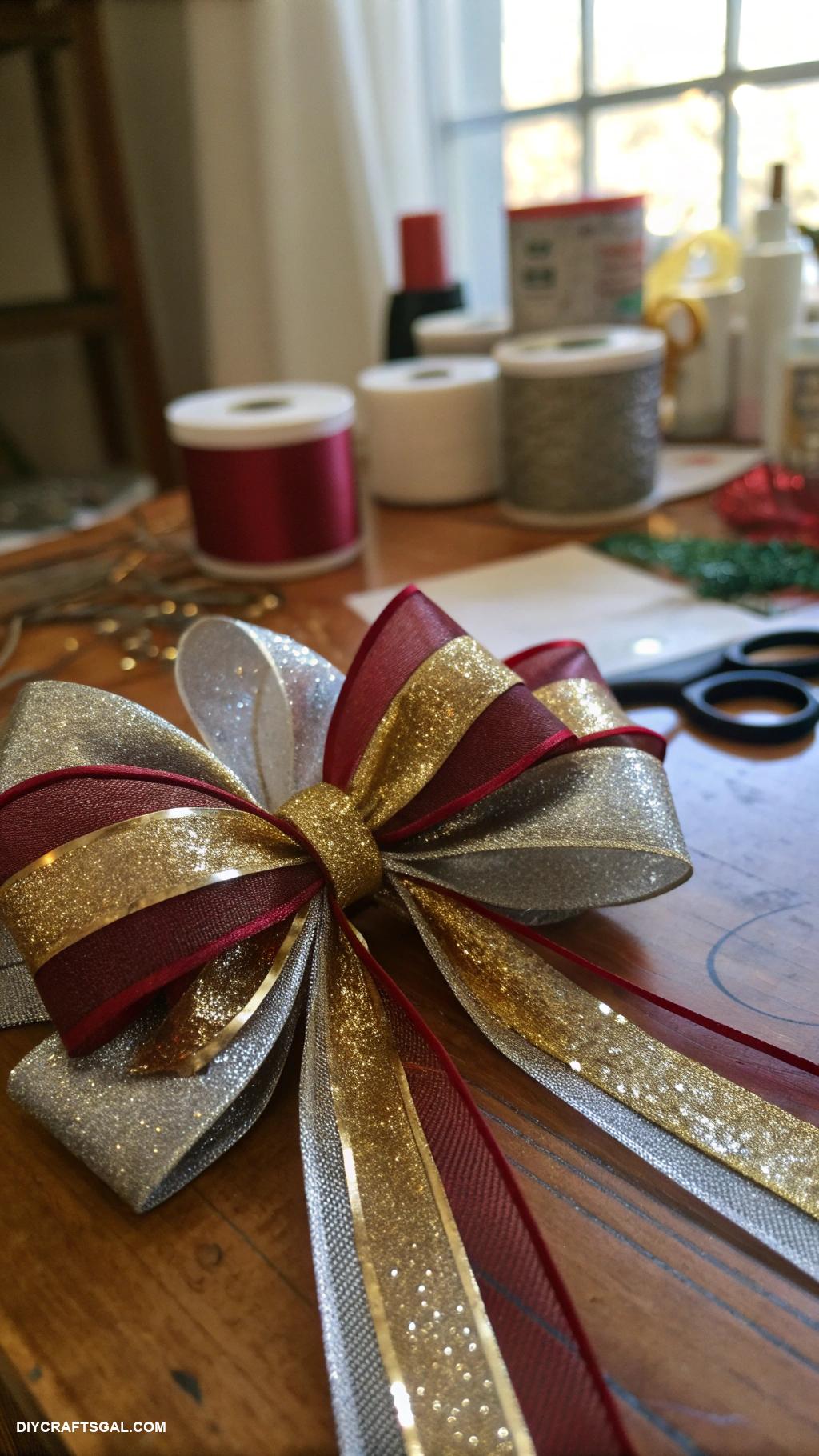 diy christmas bows Metallic foil fabric layered bow