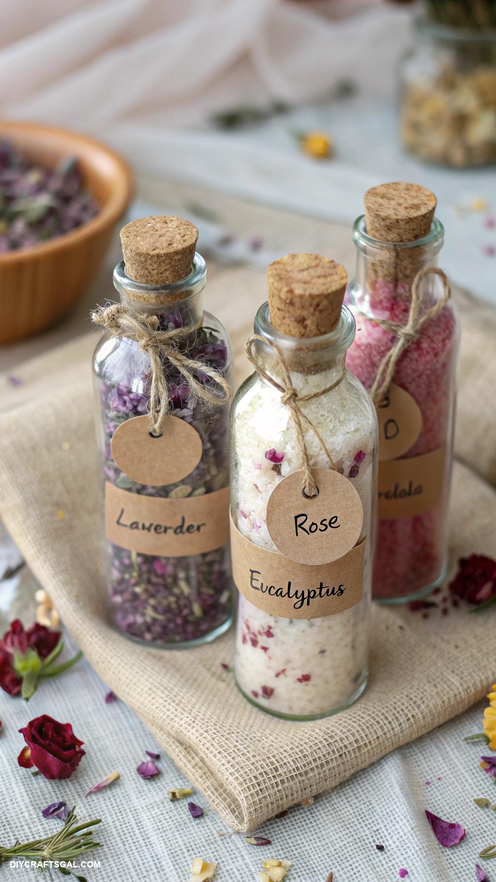 diy christmas gifts for coworkers DIY herbal bath salts in pretty bottles