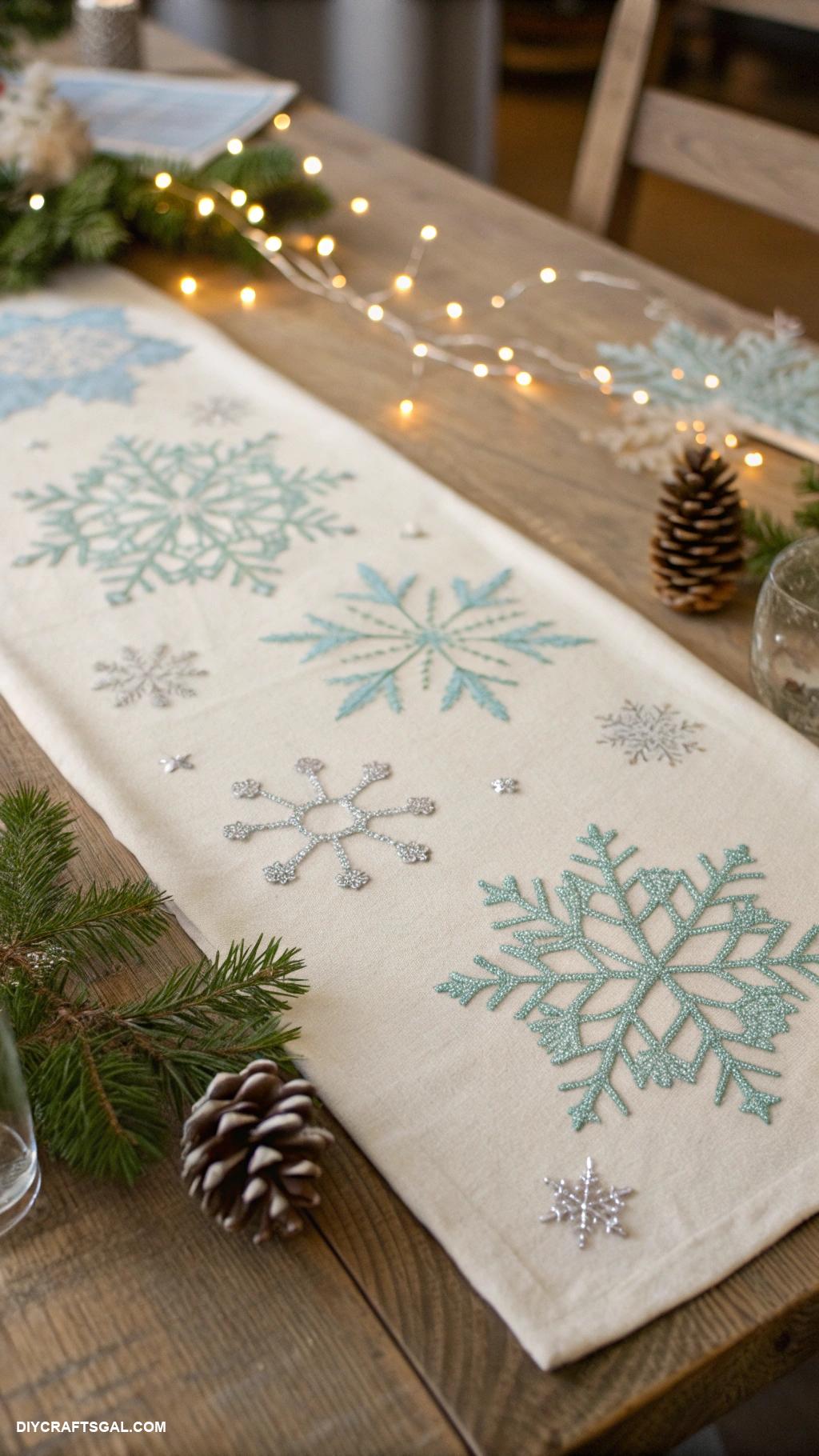 diy christmas table runners Canvas with hand painted snowflakes