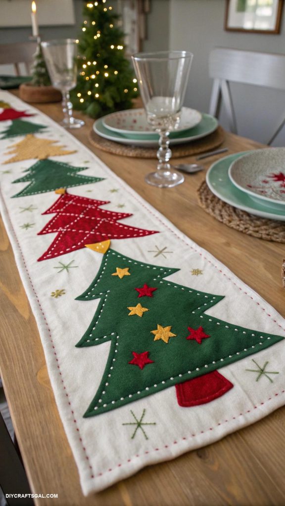 diy christmas table runners Felt Christmas trees sewn in line