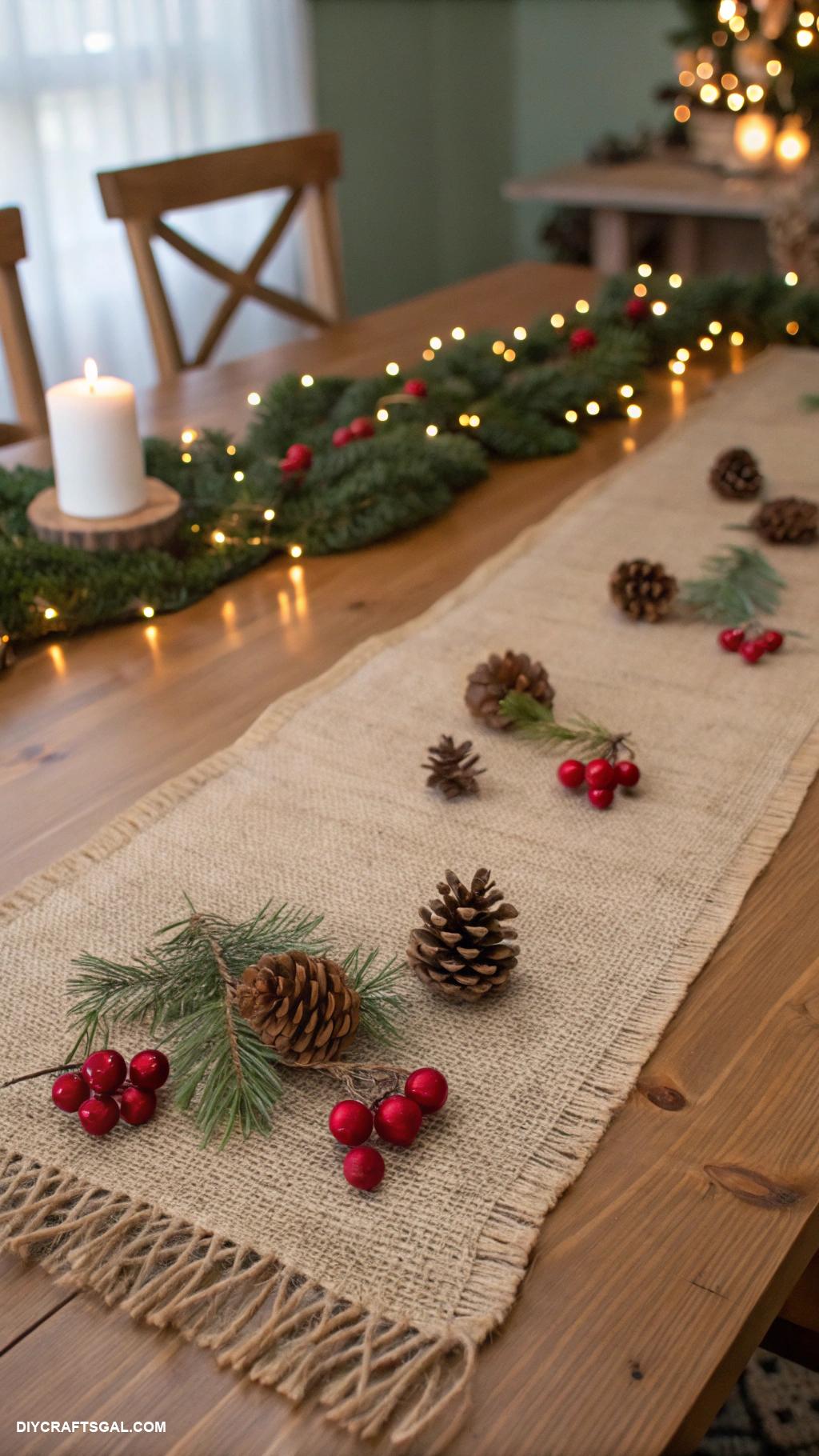 diy christmas table runners Natural jute with pinecone accents