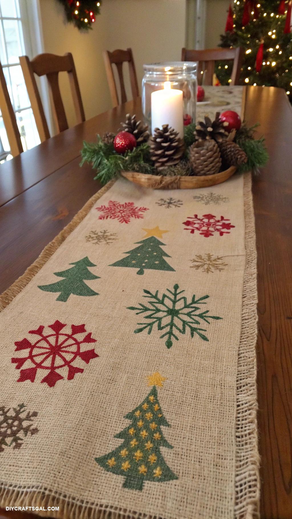 diy christmas table runners Painted burlap with holiday stencils