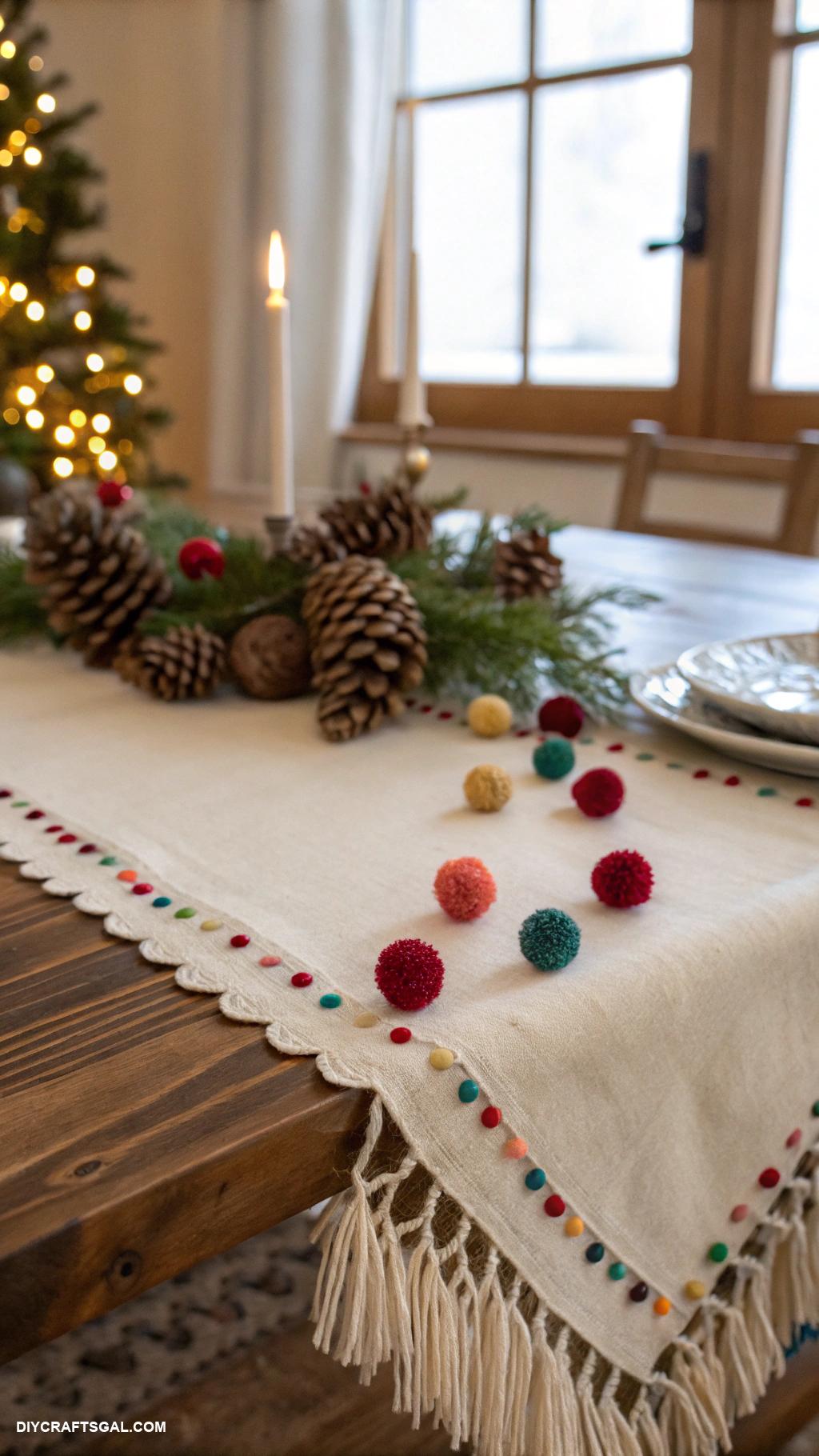 diy christmas table runners Yarn pom pom fringed runner