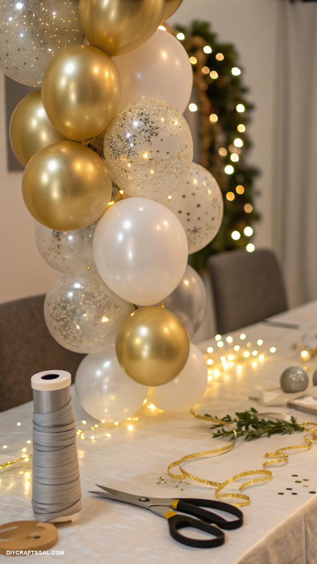 diy new years eve decorations Balloon garland with gold and silver tones