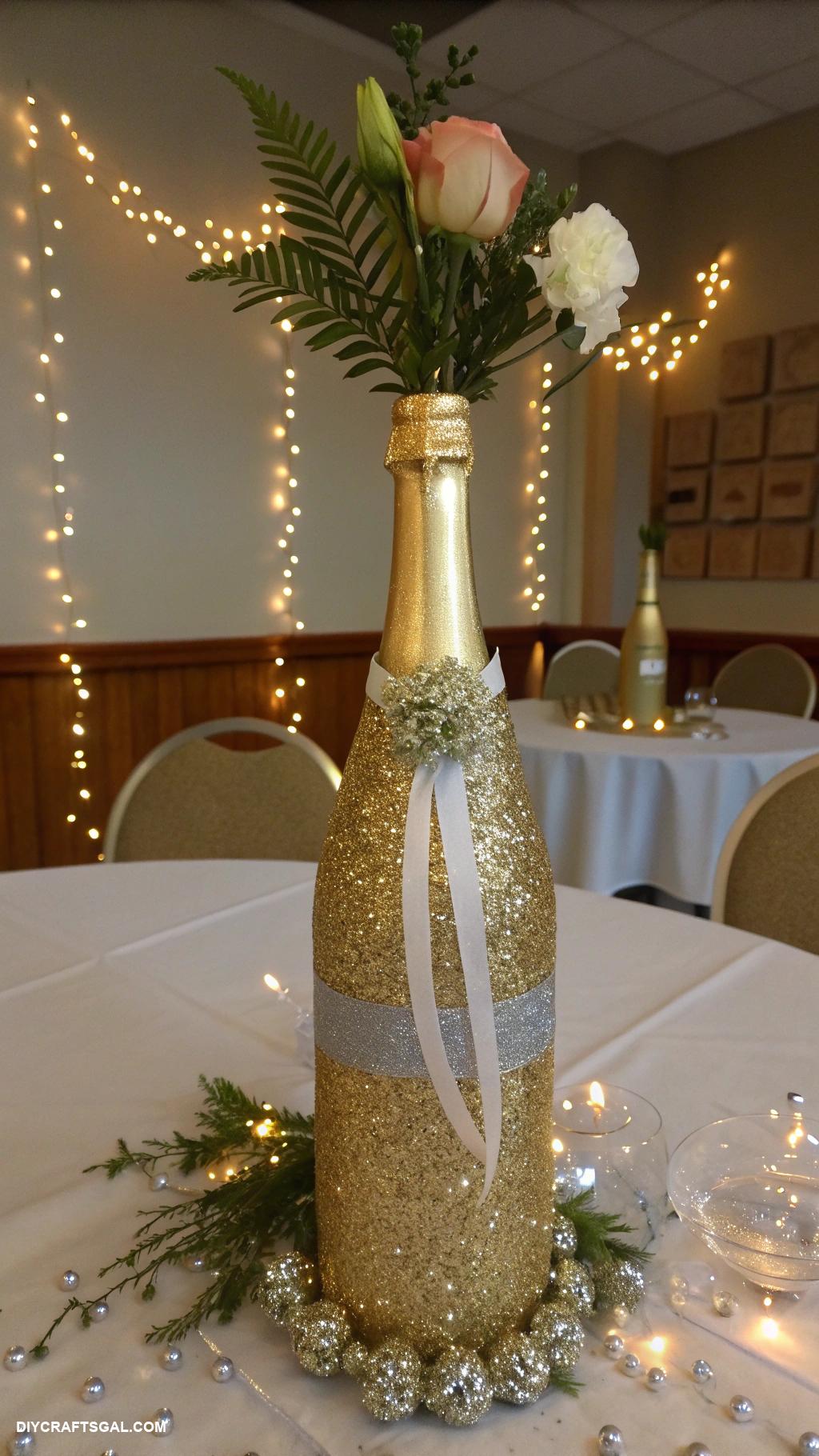 diy new years eve decorations Glittering champagne bottle centerpieces