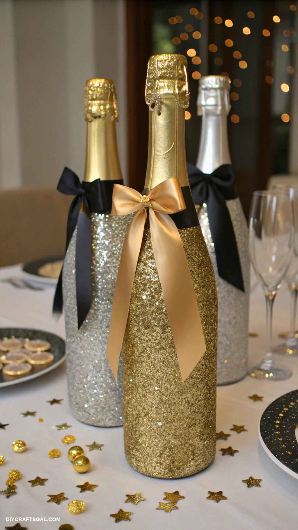 diy new years eve party decor Glittered champagne bottle centerpieces