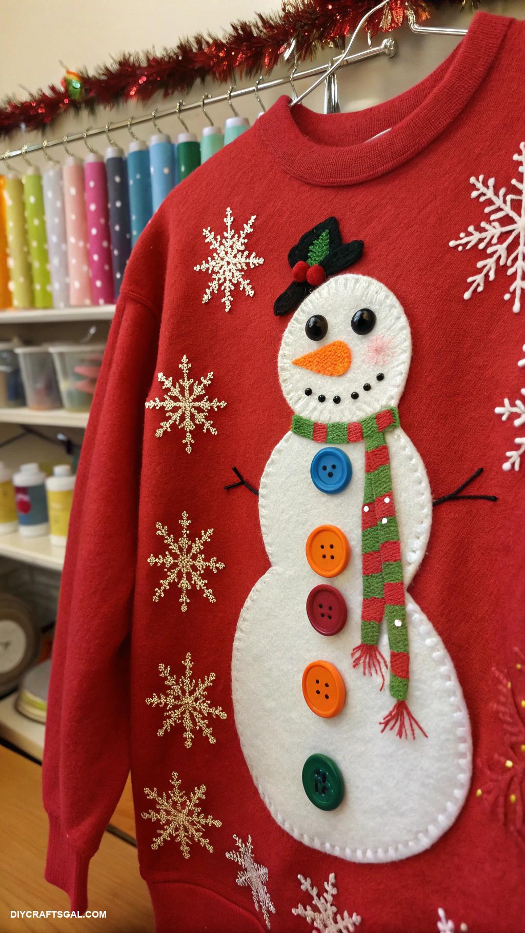 diy ugly christmas sweaters Felted snowman with buttons for eyes