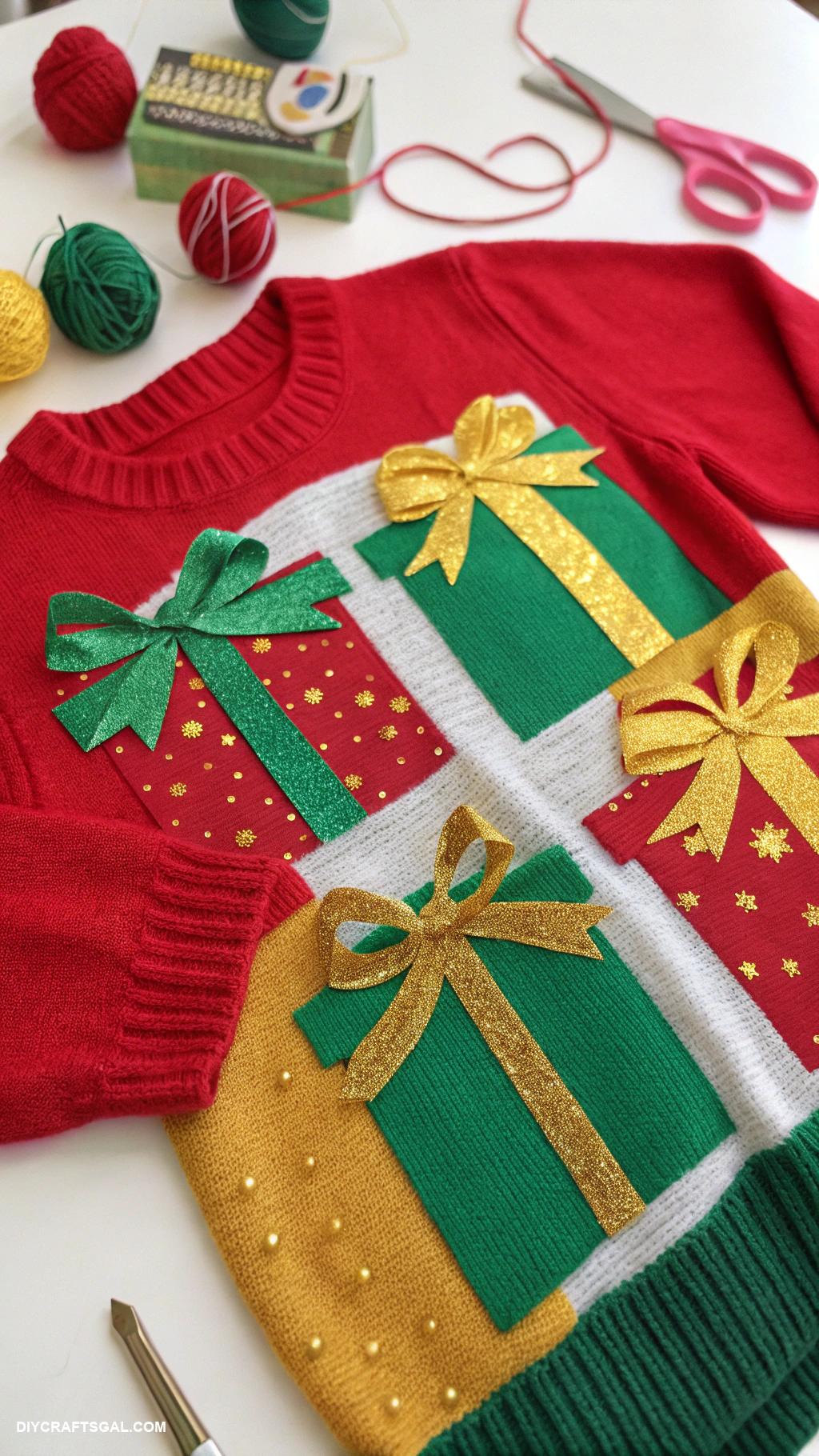 diy ugly christmas sweaters Gift wrapped presents design with ribbons