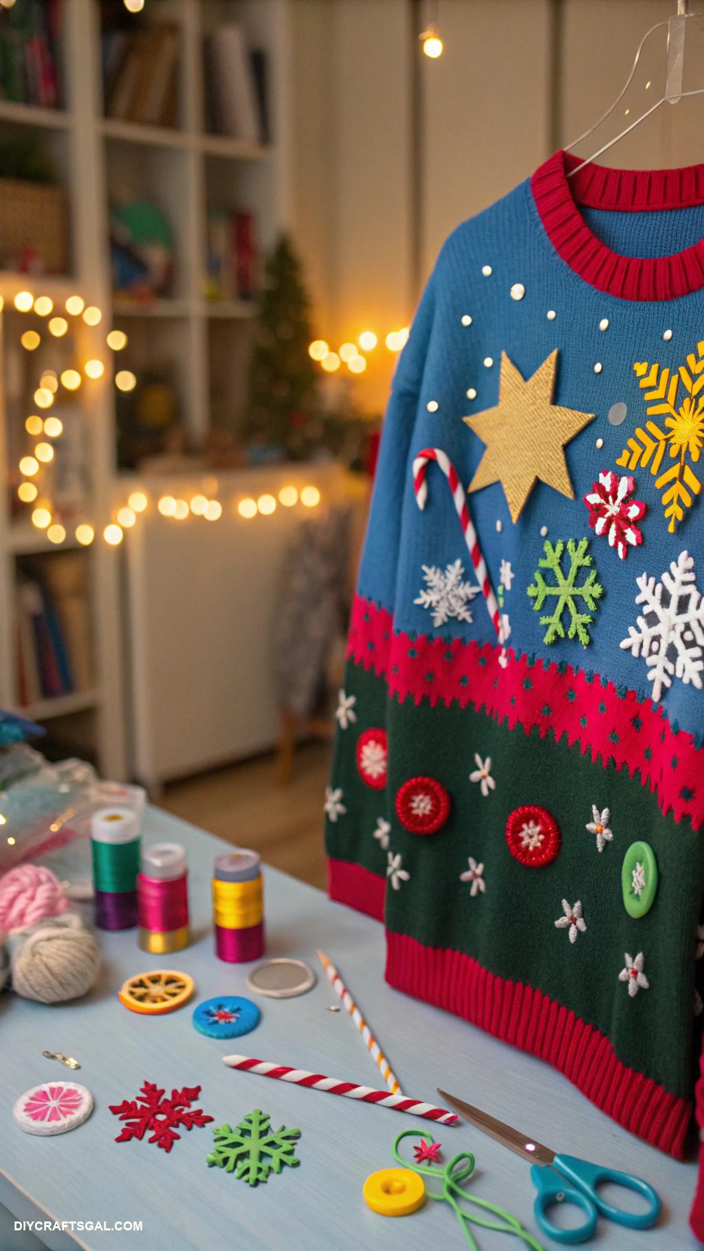diy ugly christmas sweaters Glued plastic ornaments all over
