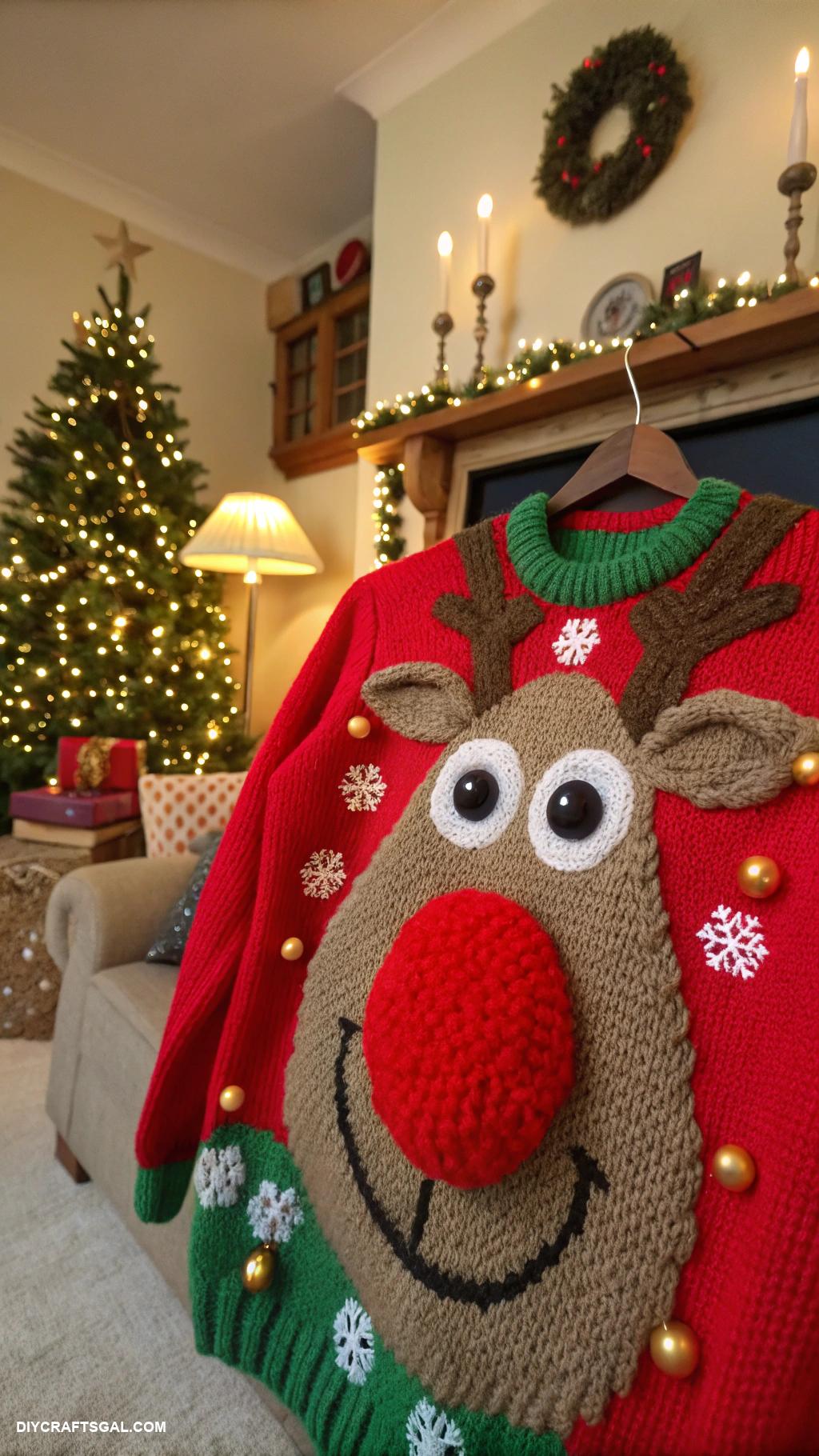 diy ugly christmas sweaters Knitted reindeer with bulbous red nose