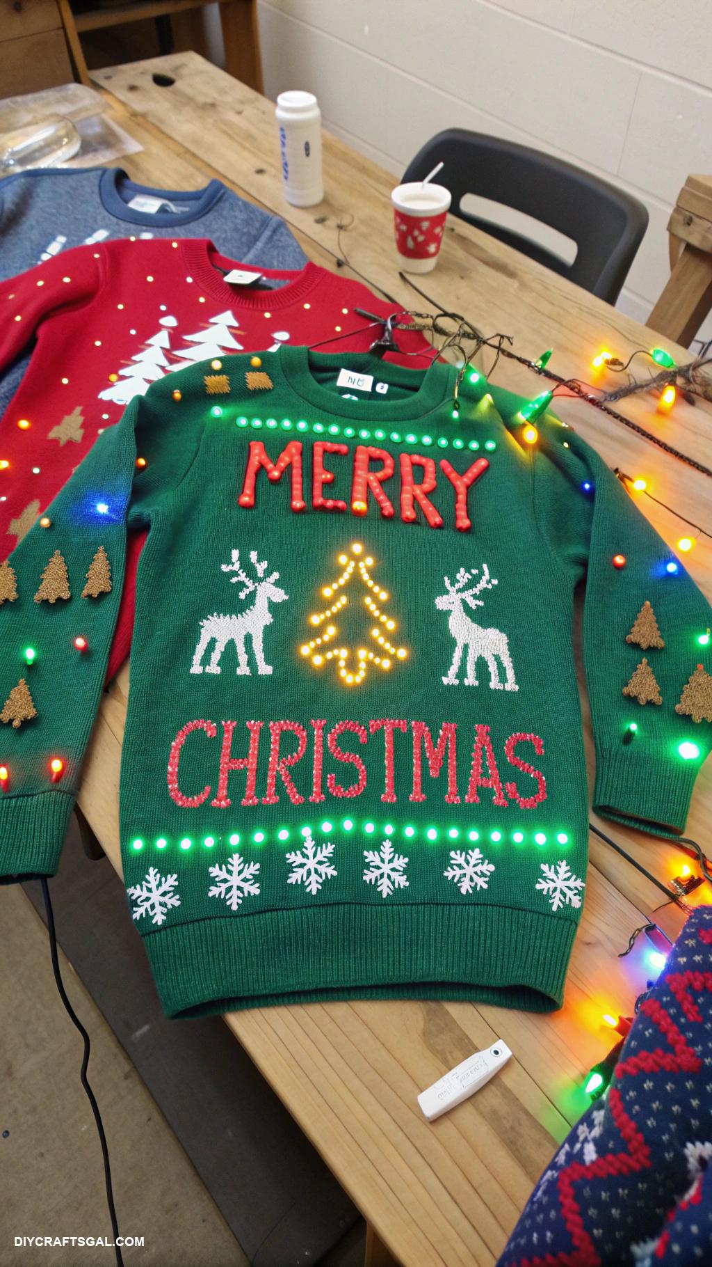 diy ugly christmas sweaters LED lights spelling Merry Christmas