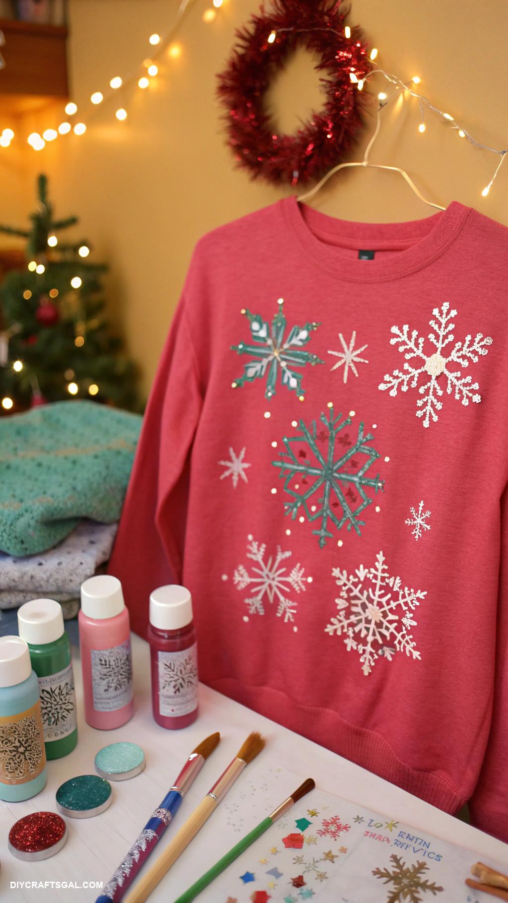 diy ugly christmas sweaters Painted snowflakes with glitter accents