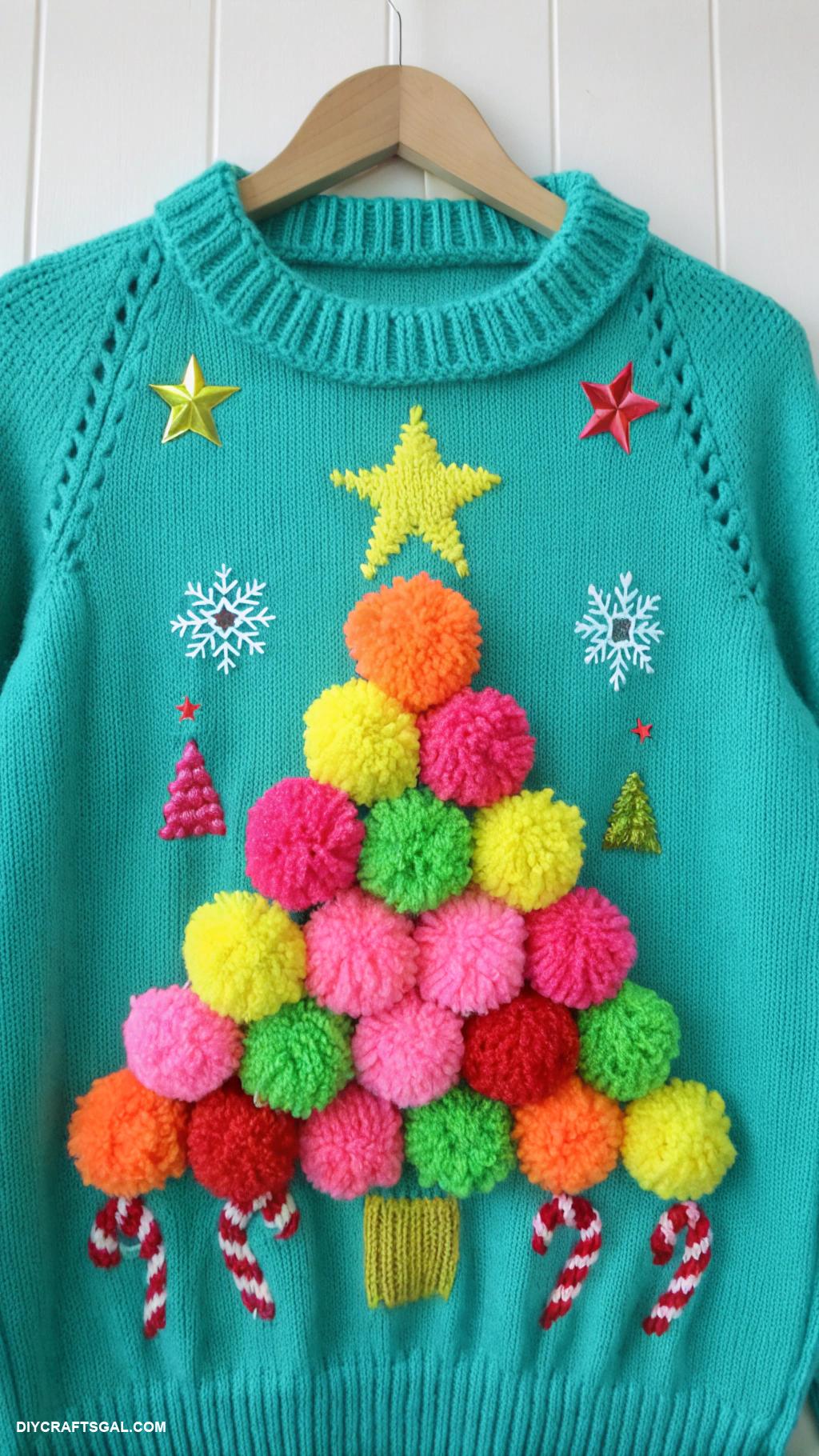 diy ugly christmas sweaters Pompom Christmas tree in neon colors