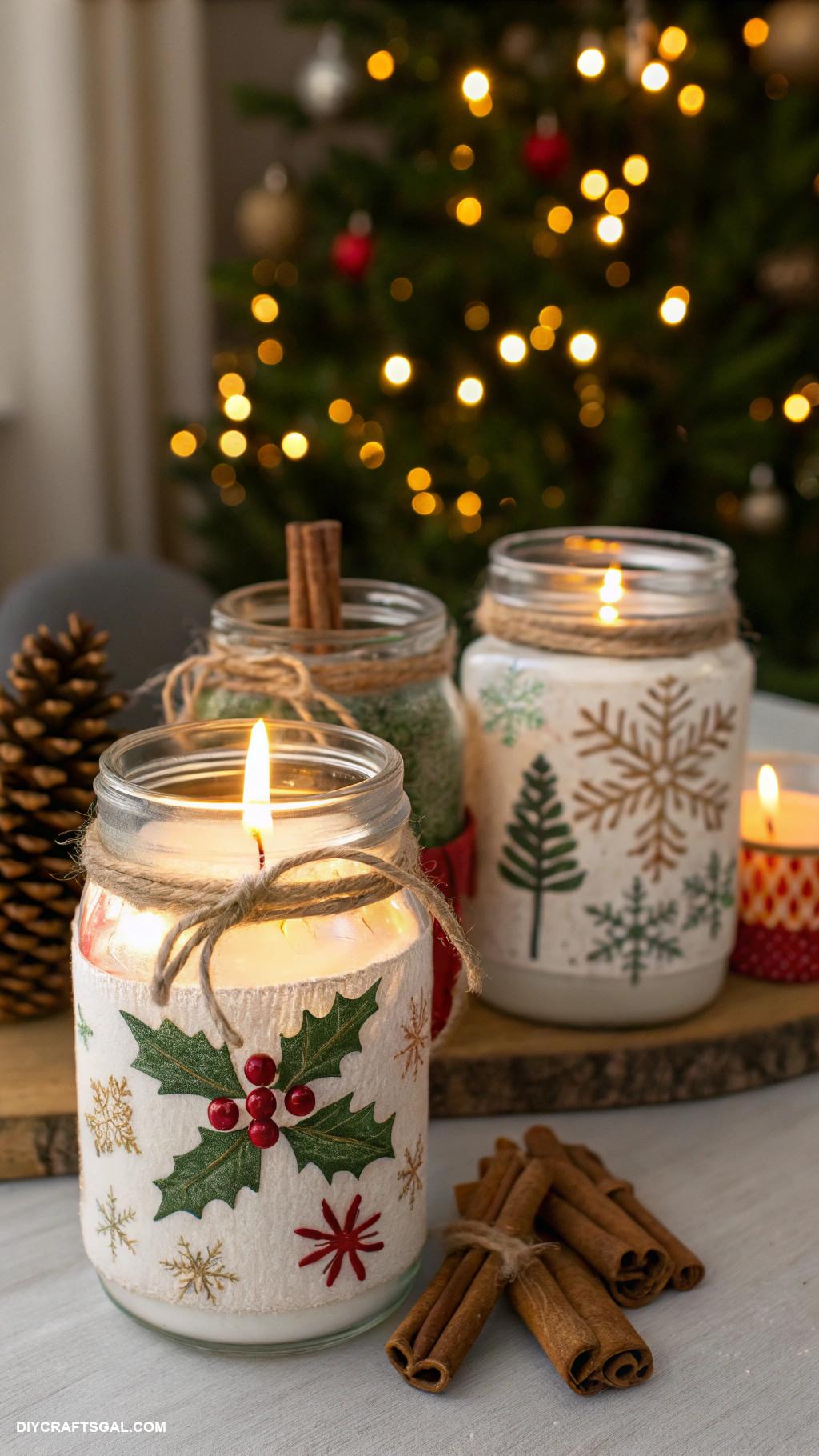 easy christmas crafts for adults Holiday themed candle jar decorations